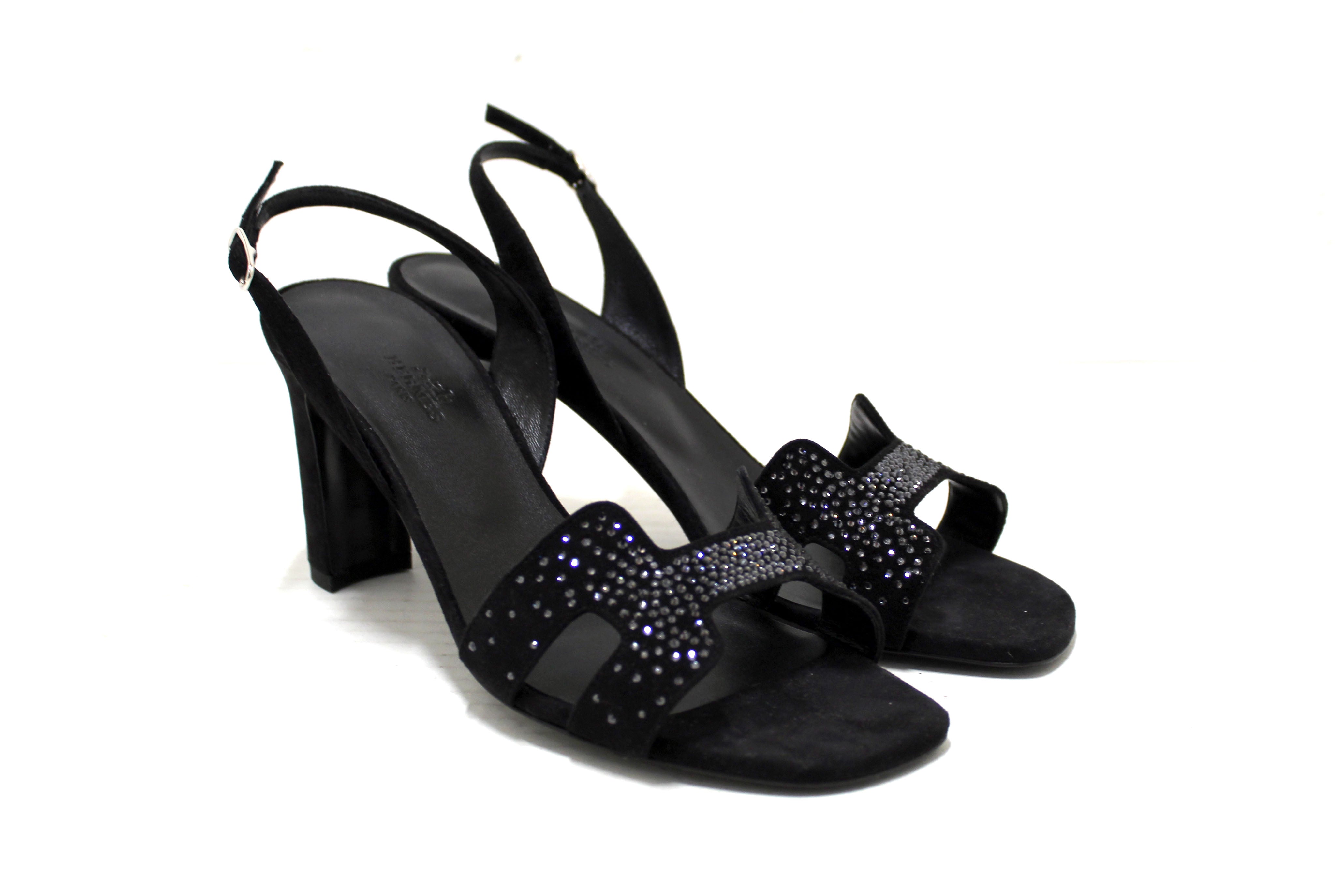 Authentic NEW Hermes Black Suede Goatskin Crystal Eternite 80 Sandal 38.5