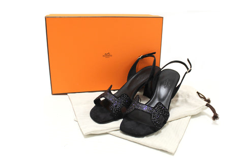 Authentic NEW Hermes Black Suede Goatskin Crystal Eternite 80 Sandal 38.5