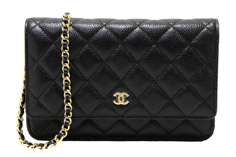 Authentic NEW Chanel Black Quilted Caviar Leather Wallet On Chain WOC Messenger Bag