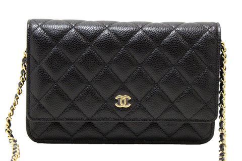 Authentic NEW Chanel Black Quilted Caviar Leather Wallet On Chain WOC Messenger Bag