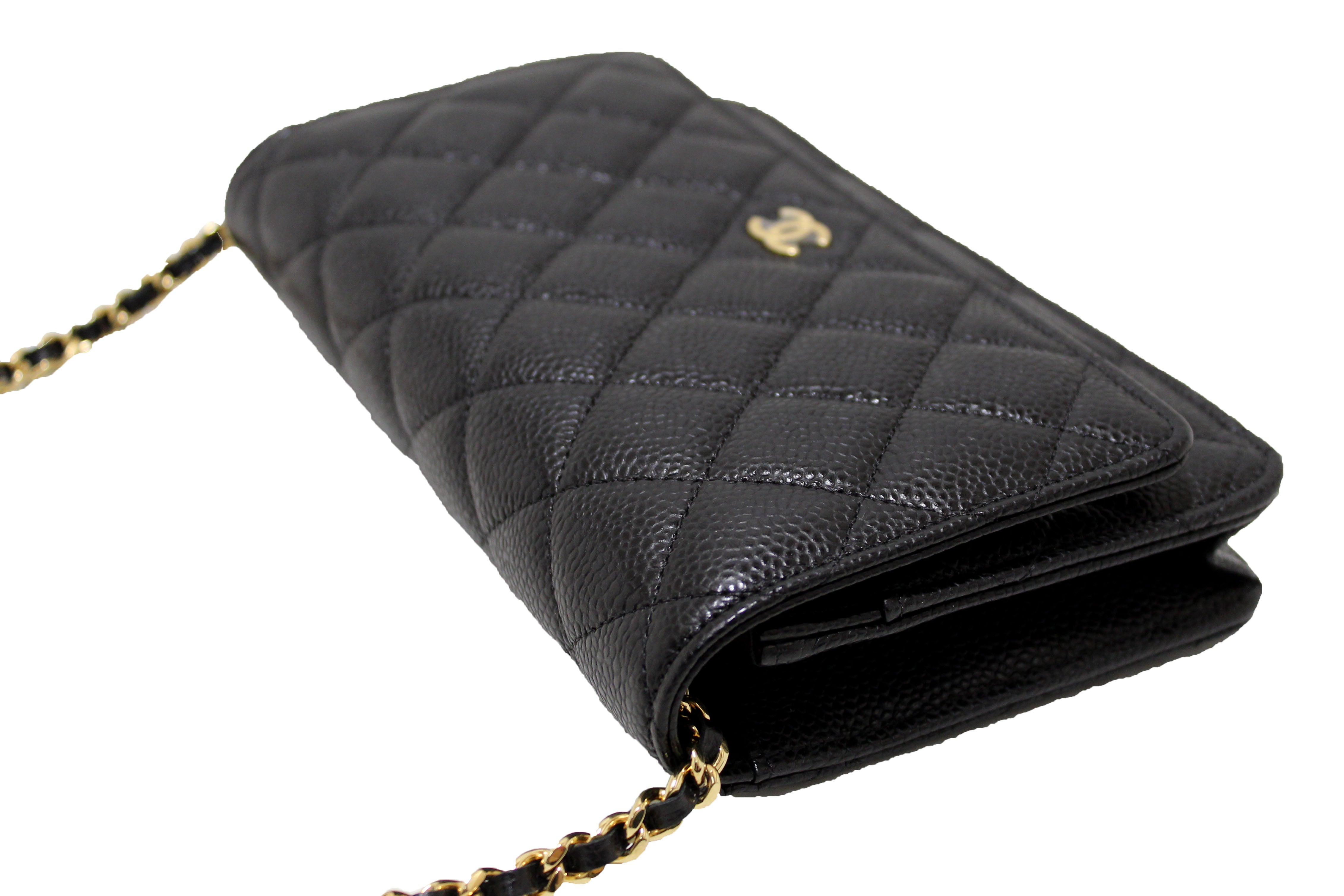 Authentic NEW Chanel Black Quilted Caviar Leather Wallet On Chain WOC Messenger Bag