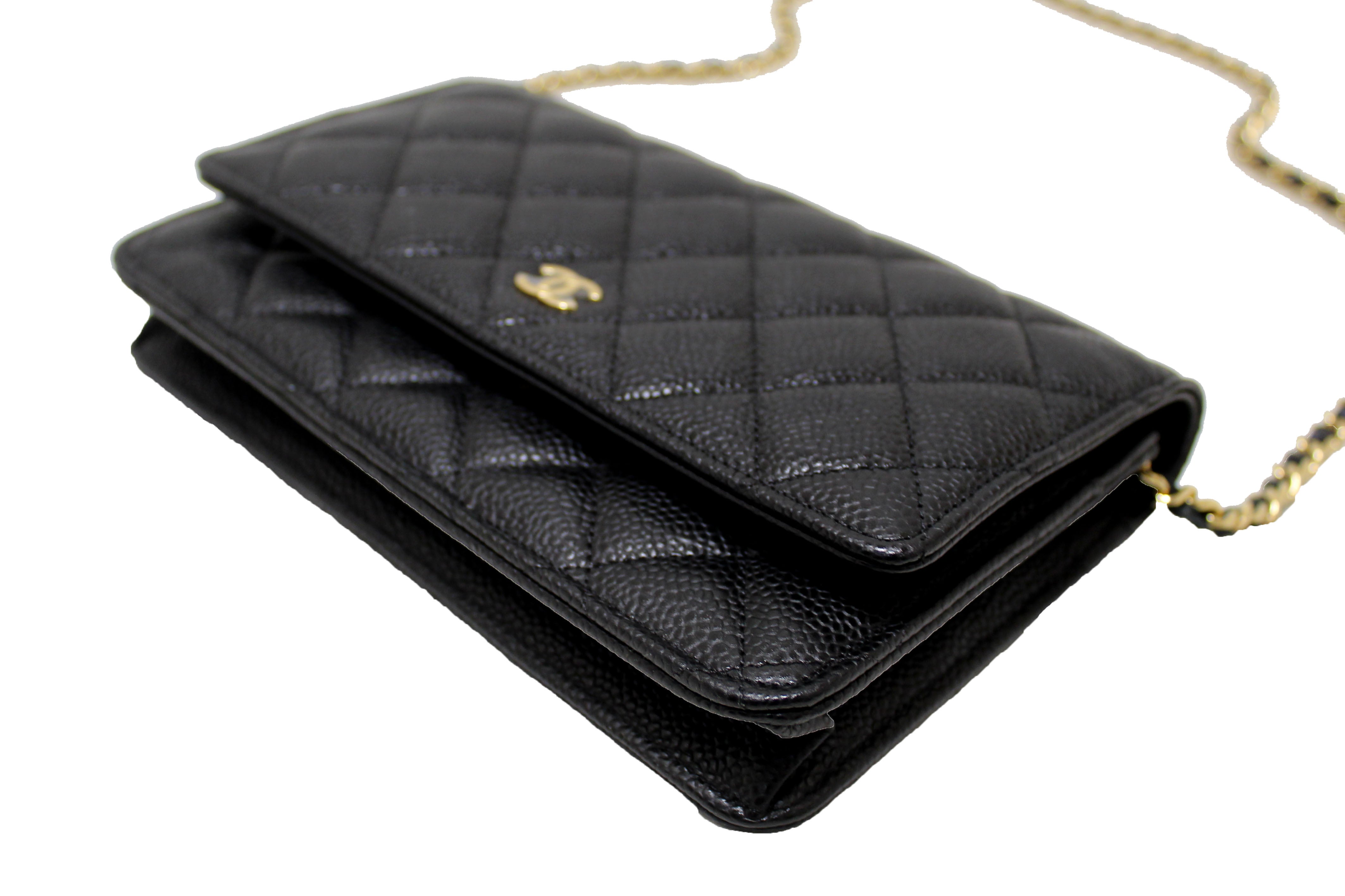 Authentic NEW Chanel Black Quilted Caviar Leather Wallet On Chain WOC Messenger Bag
