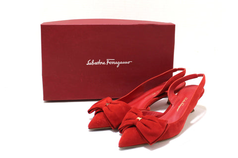 Authentic Salvatore Ferragamo Red Suede Reda Bow Slingback Pump Size 8C