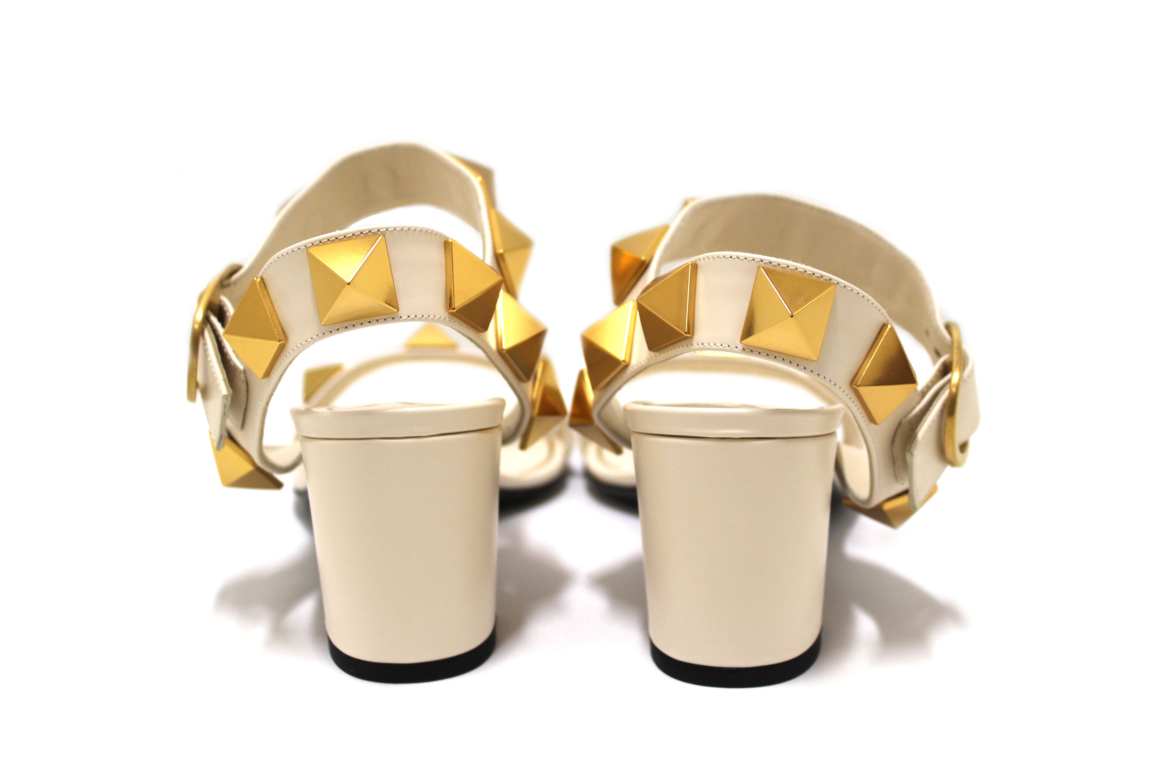 Authentic NEW Valentino Garavani White Leather Roman Stud Ankle-Strap Sandals Size 38.5