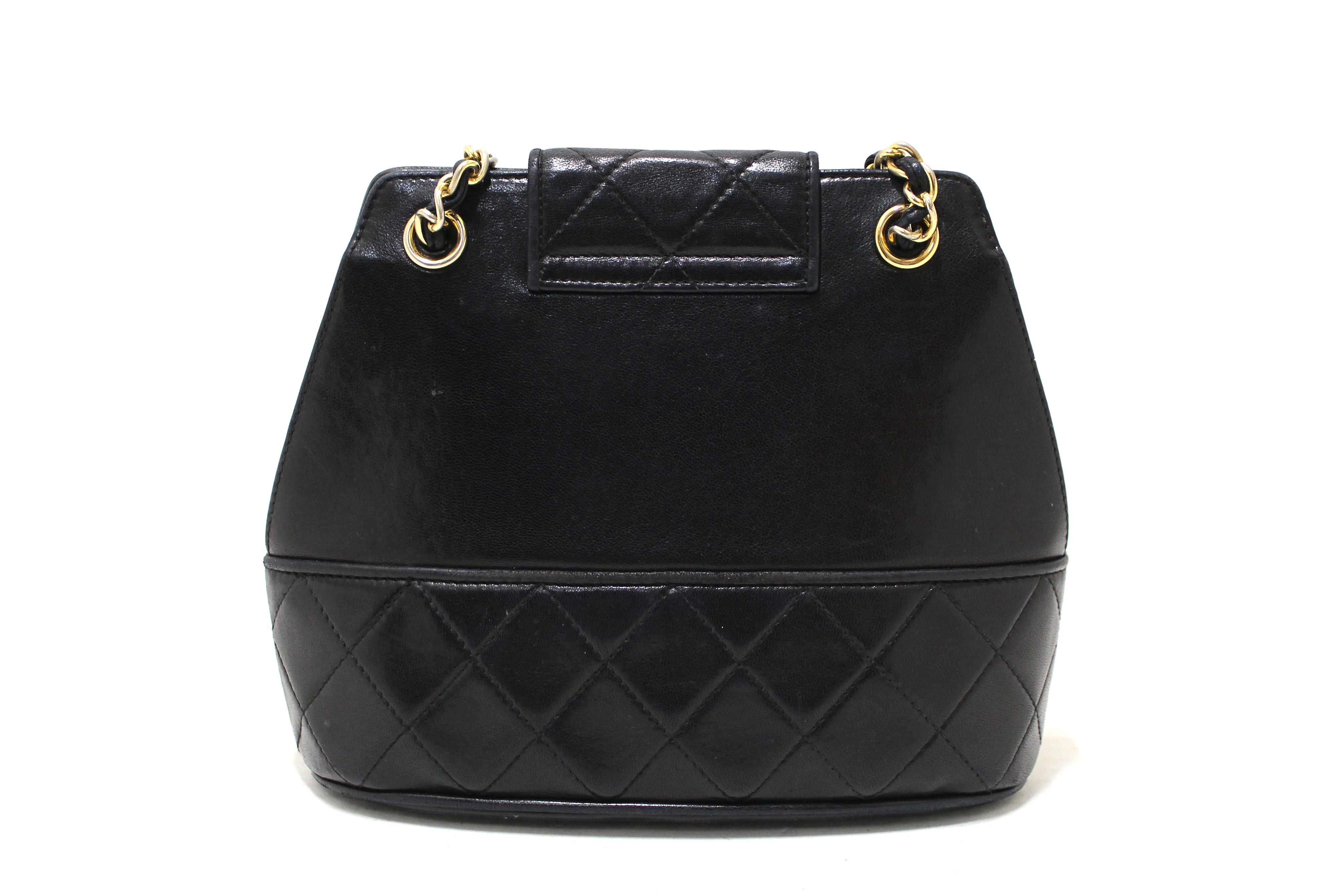 Authentic Chanel Vintage Black Quilted Lambskin Leather Small Tote Chain Shoulder Bag