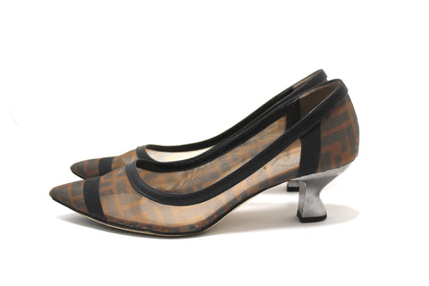 Authentic Fendi Black FF Logo Printed Mesh Colibri Pointed Toe Pumps Size 38