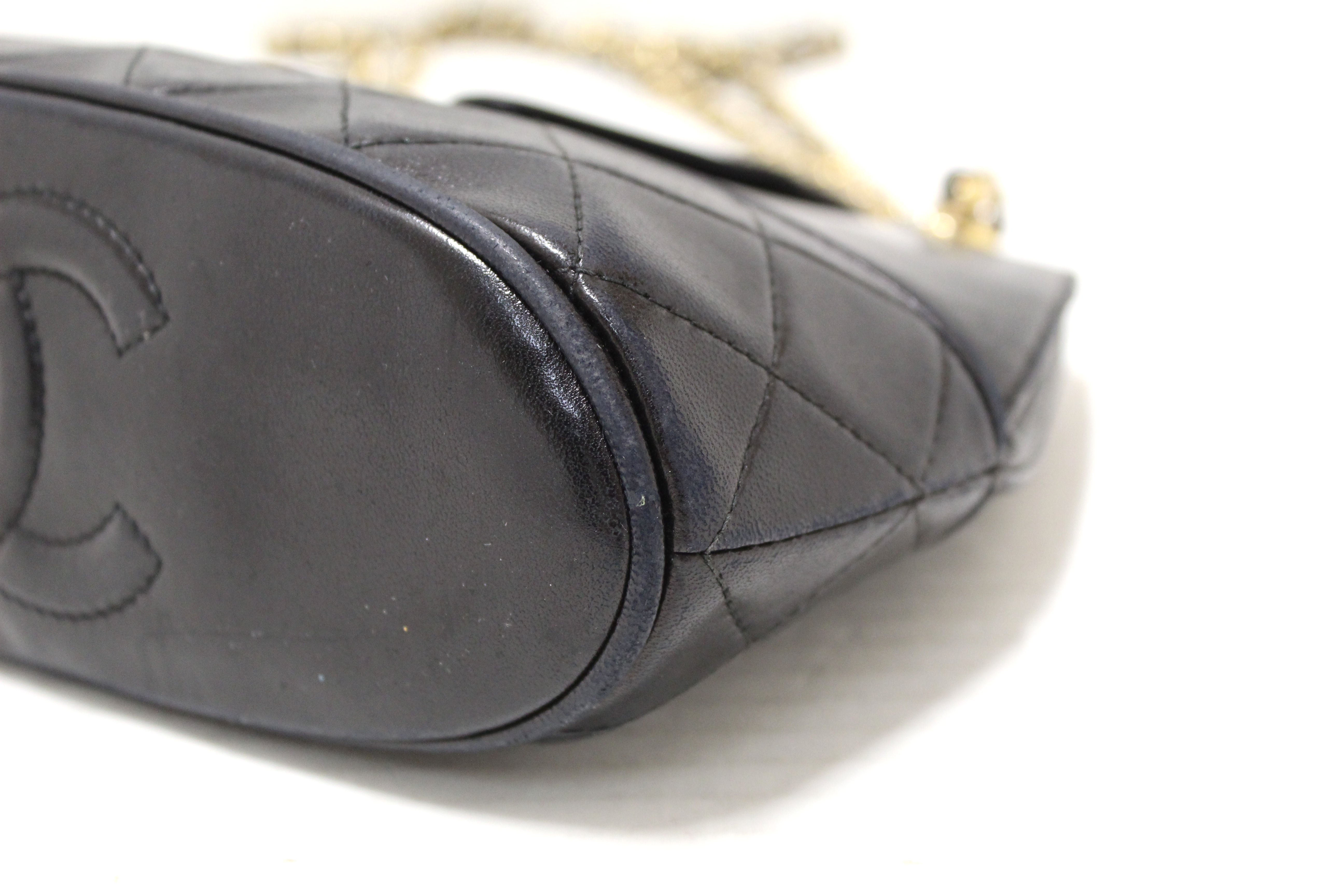 Authentic Chanel Vintage Black Quilted Lambskin Leather Small Tote Chain Shoulder Bag