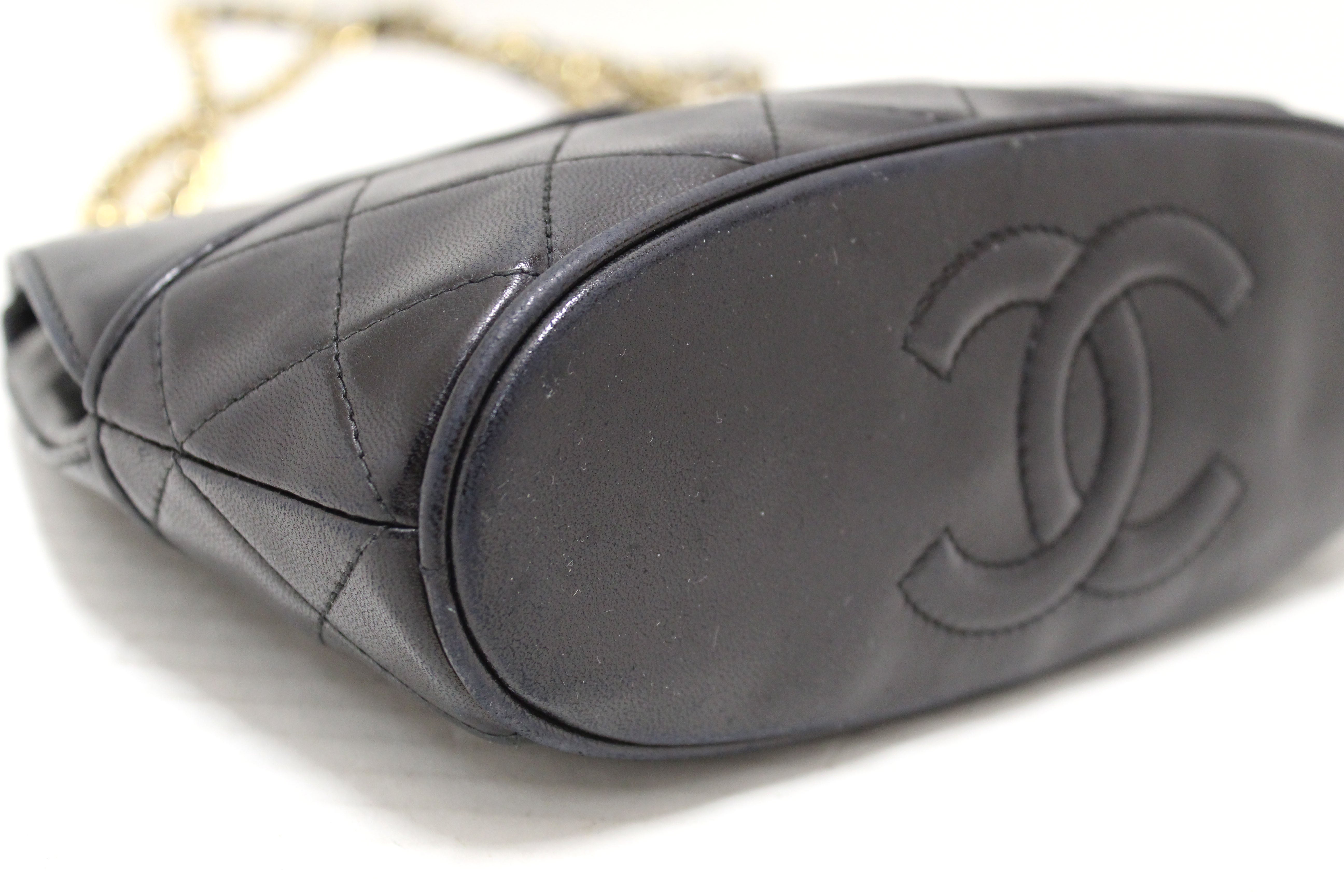 Authentic Chanel Vintage Black Quilted Lambskin Leather Small Tote Chain Shoulder Bag