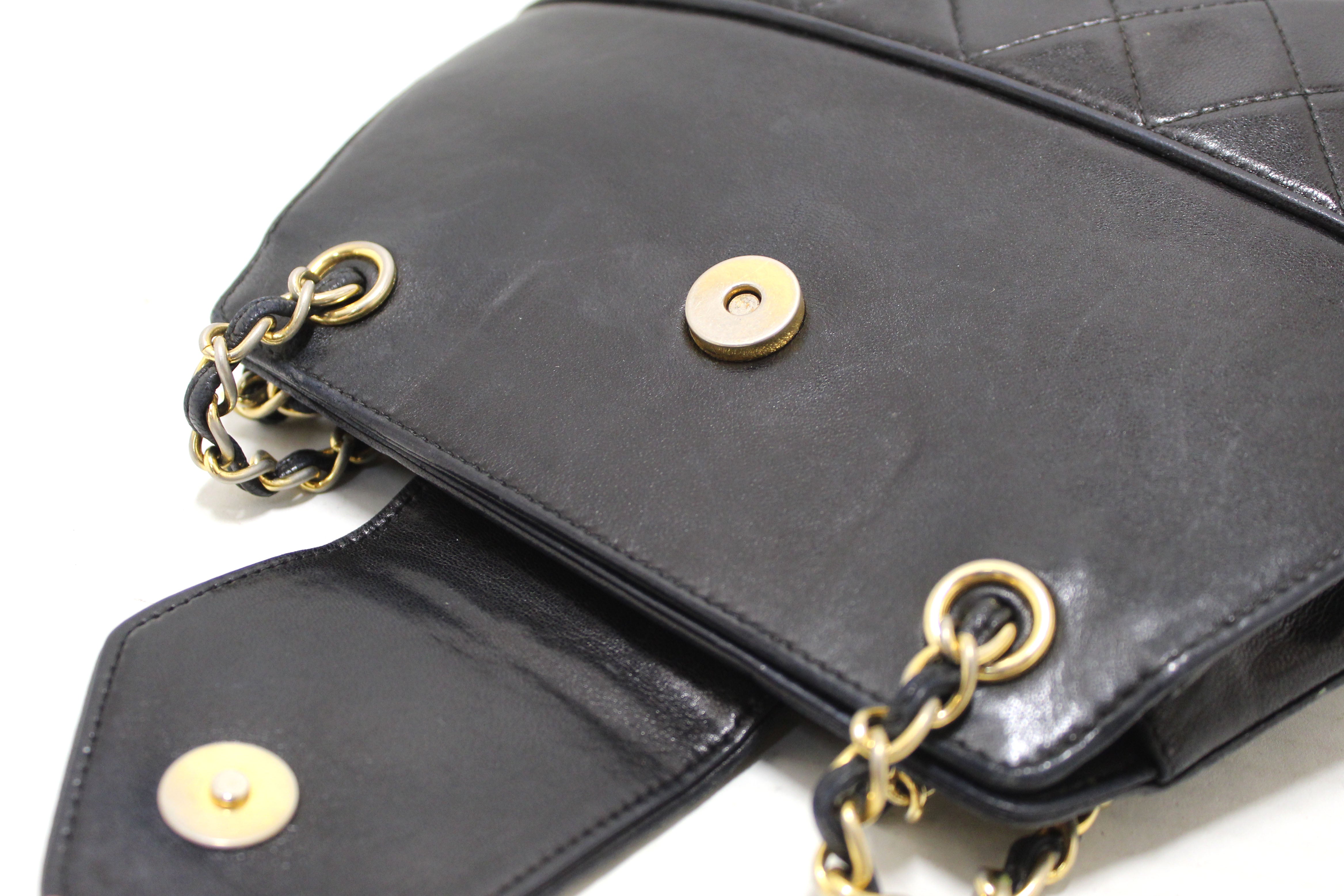 Authentic Chanel Vintage Black Quilted Lambskin Leather Small Tote Chain Shoulder Bag