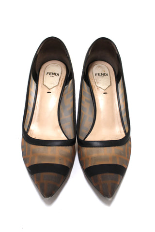 Authentic Fendi Black FF Logo Printed Mesh Colibri Pointed Toe Pumps Size 38