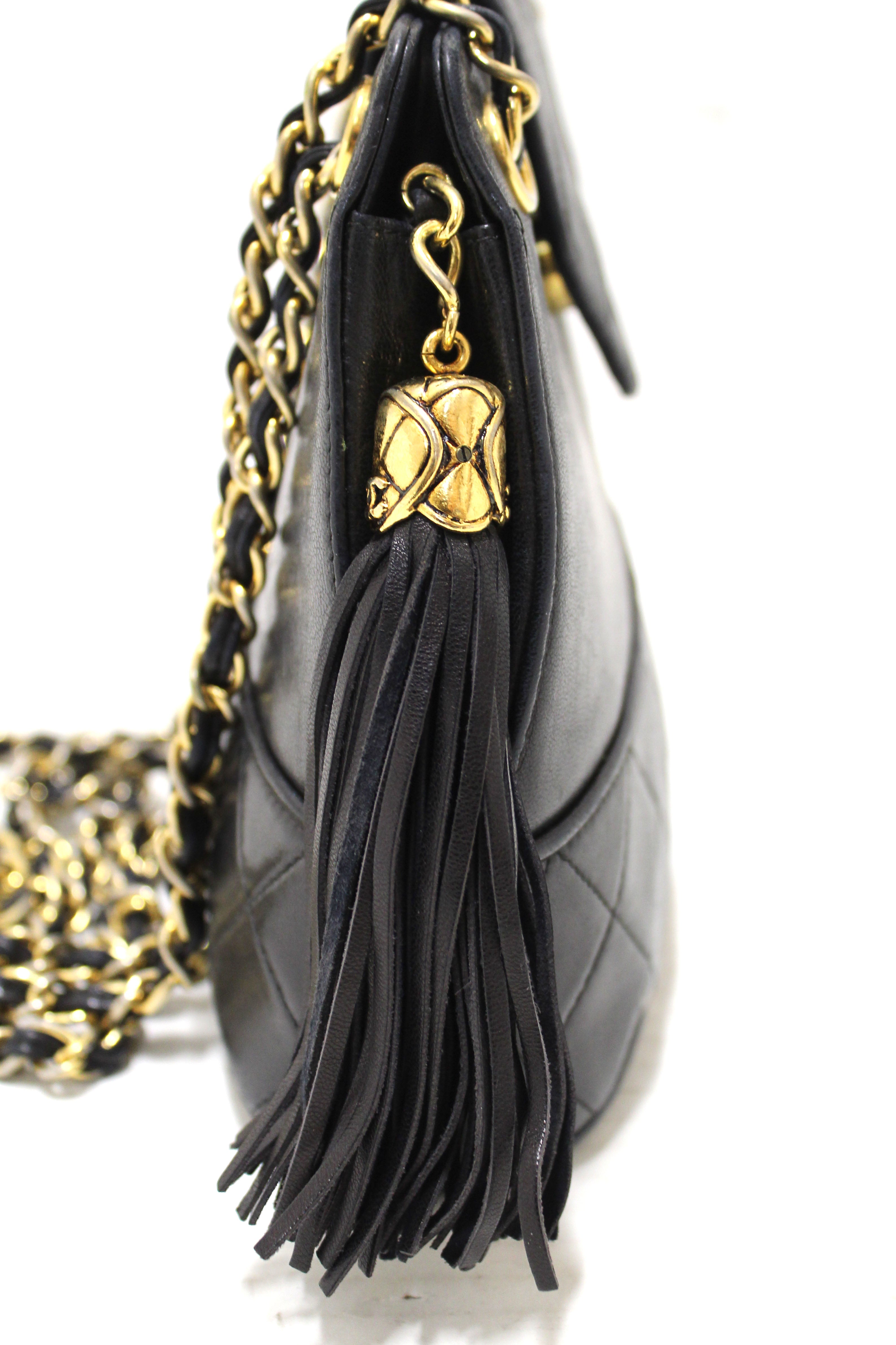 Authentic Chanel Vintage Black Quilted Lambskin Leather Small Tote Chain Shoulder Bag
