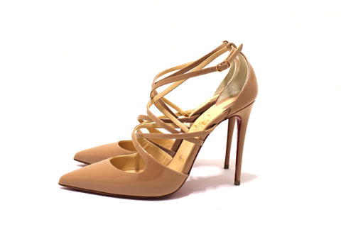 Authentic Christian Louboutin Beige Patent Leather Crossfliketa 100 Pumps Size 35