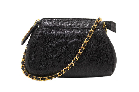 Authentic Chanel Vintage CC Black Caviar Leather Small Party Mini Shoulder Bag