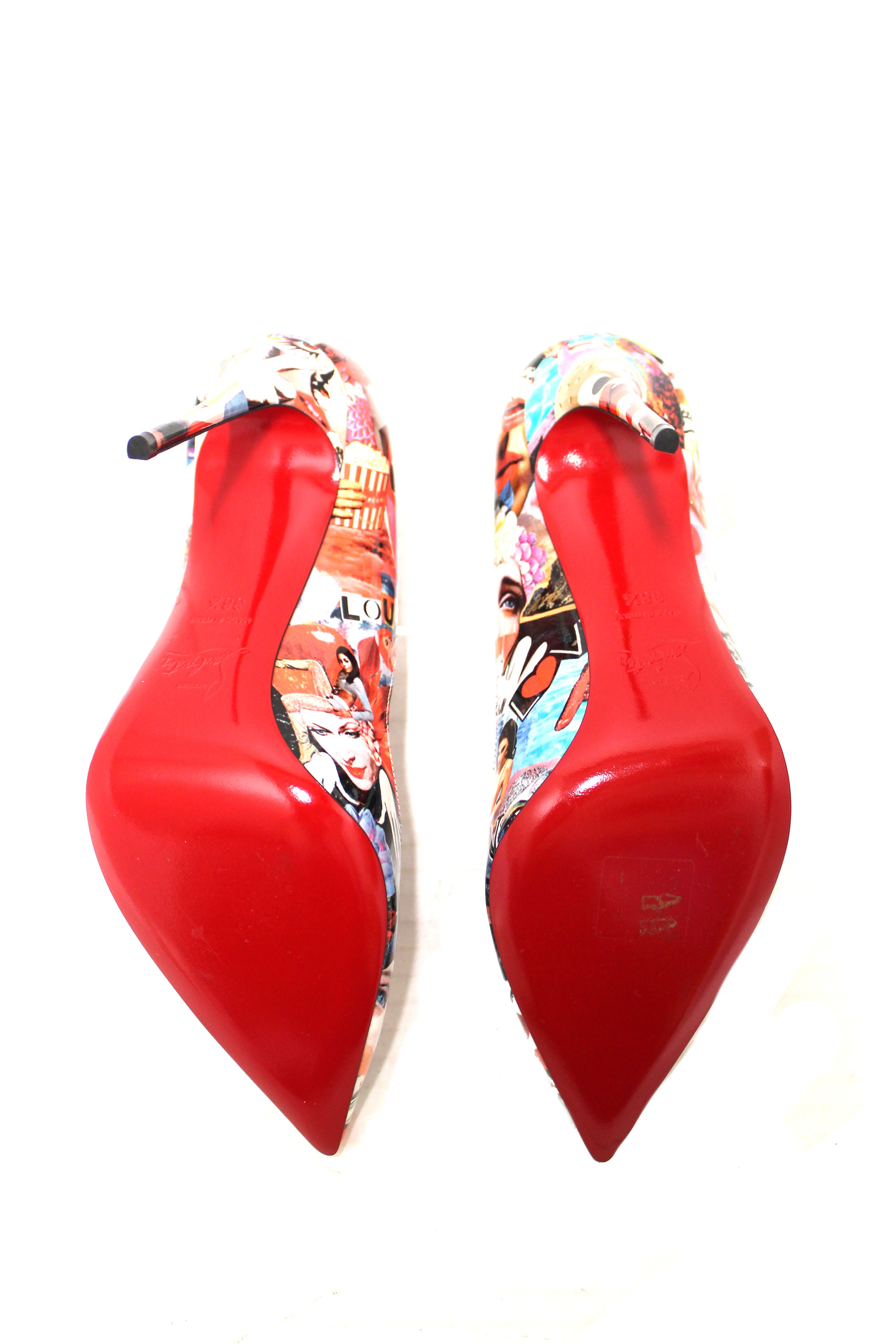 Authentic Christian Hot Chick Collage Print Patent Leather Pumps Size 38.5