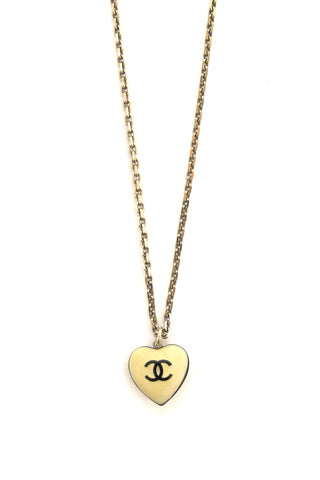 Authentic Chanel Vintage Beige Enamel Mini Heart Pendant Necklace