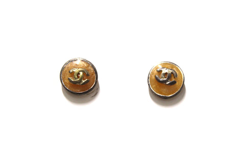 Authentic Chanel Vintage Costume Round CC Amber Pearl Color Studded Earrings