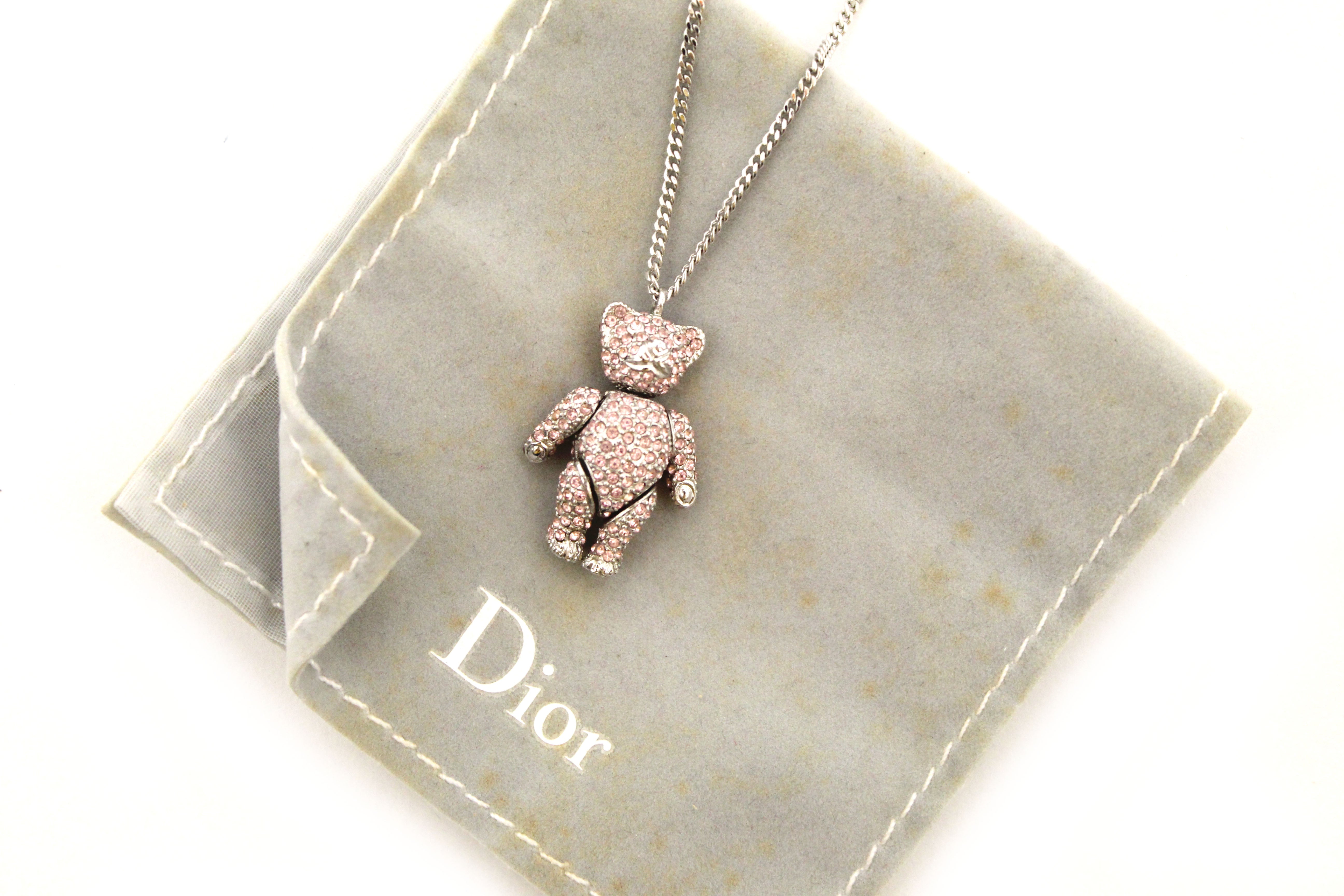 Authentic Christian Dior Vintage Pink Crystal Teddy Bear Necklace