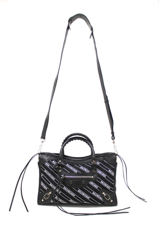 Authentic Balenciaga Black Leather and Logo Fabric S City Bag