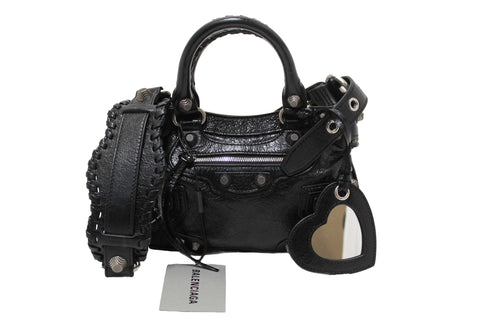 Authentic NEW Balenciaga Black Arena Lambskin Leather Neo Cagole Small Tote Bag