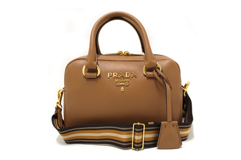 NEW Authentic Prada Brown Leather Bauletto Small Crossbody Boston Bag