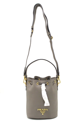 NEW Authentic Prada Grey Calf Leather Drawstring Bucket Messenger Bag