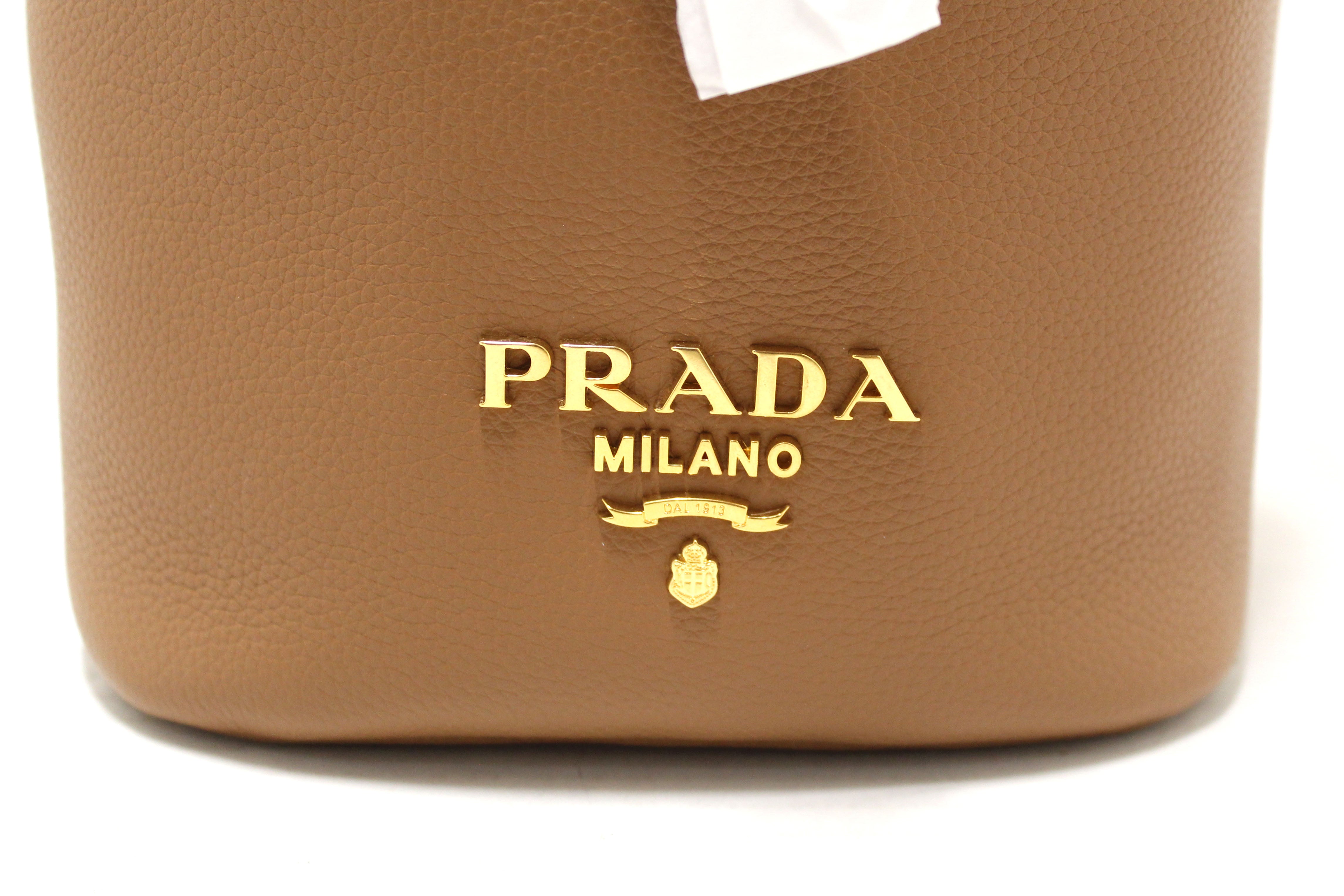 NEW Authentic Prada Brown Calf Leather Drawstring Bucket Messenger Bag