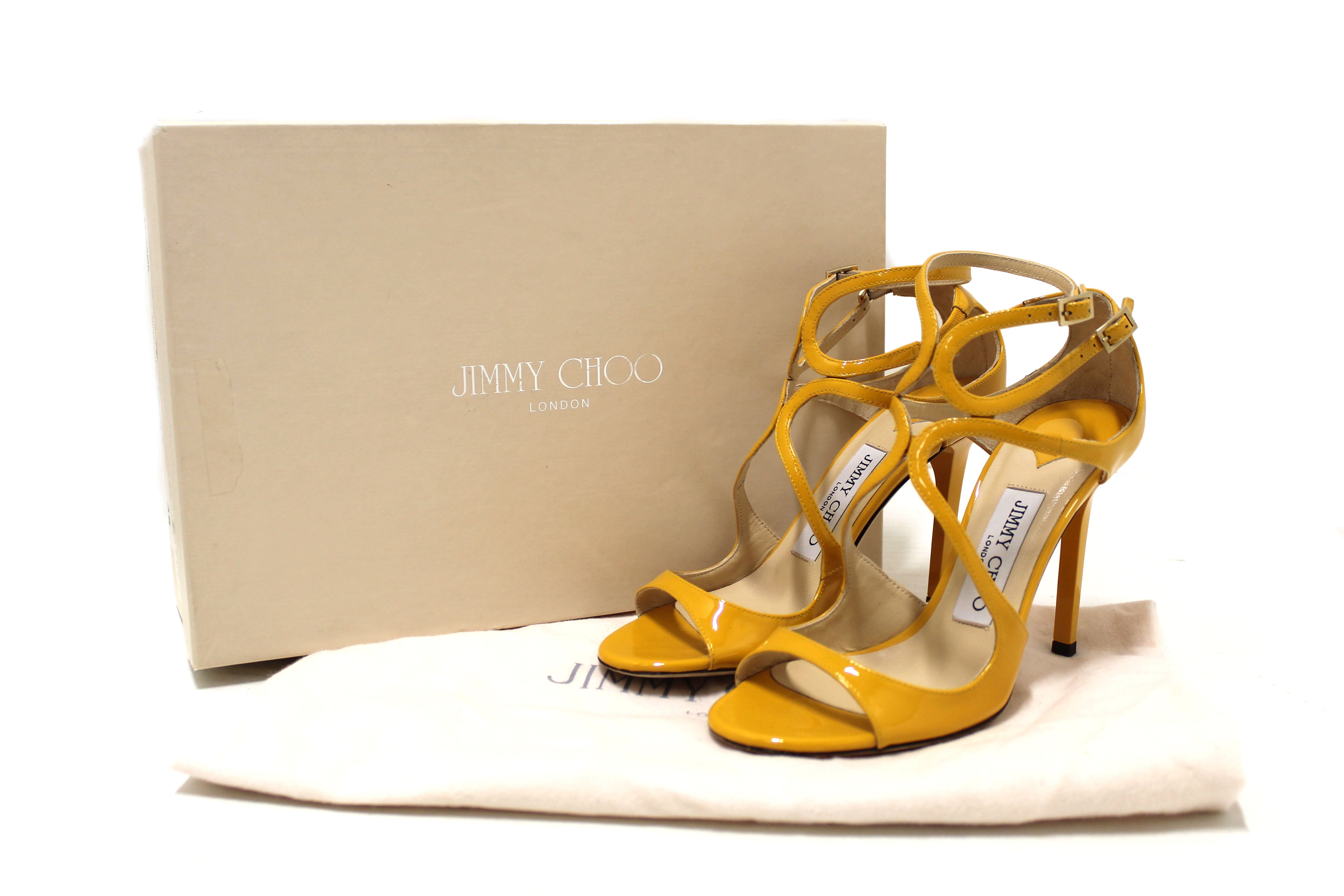 Authentic Jimmy Choo Yellow Patent Strap Heel Sandal Size 35.5