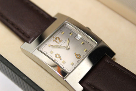 Authentic Gucci 7700L Silver Dial Brown Leather Band Date Square Quartz Watch