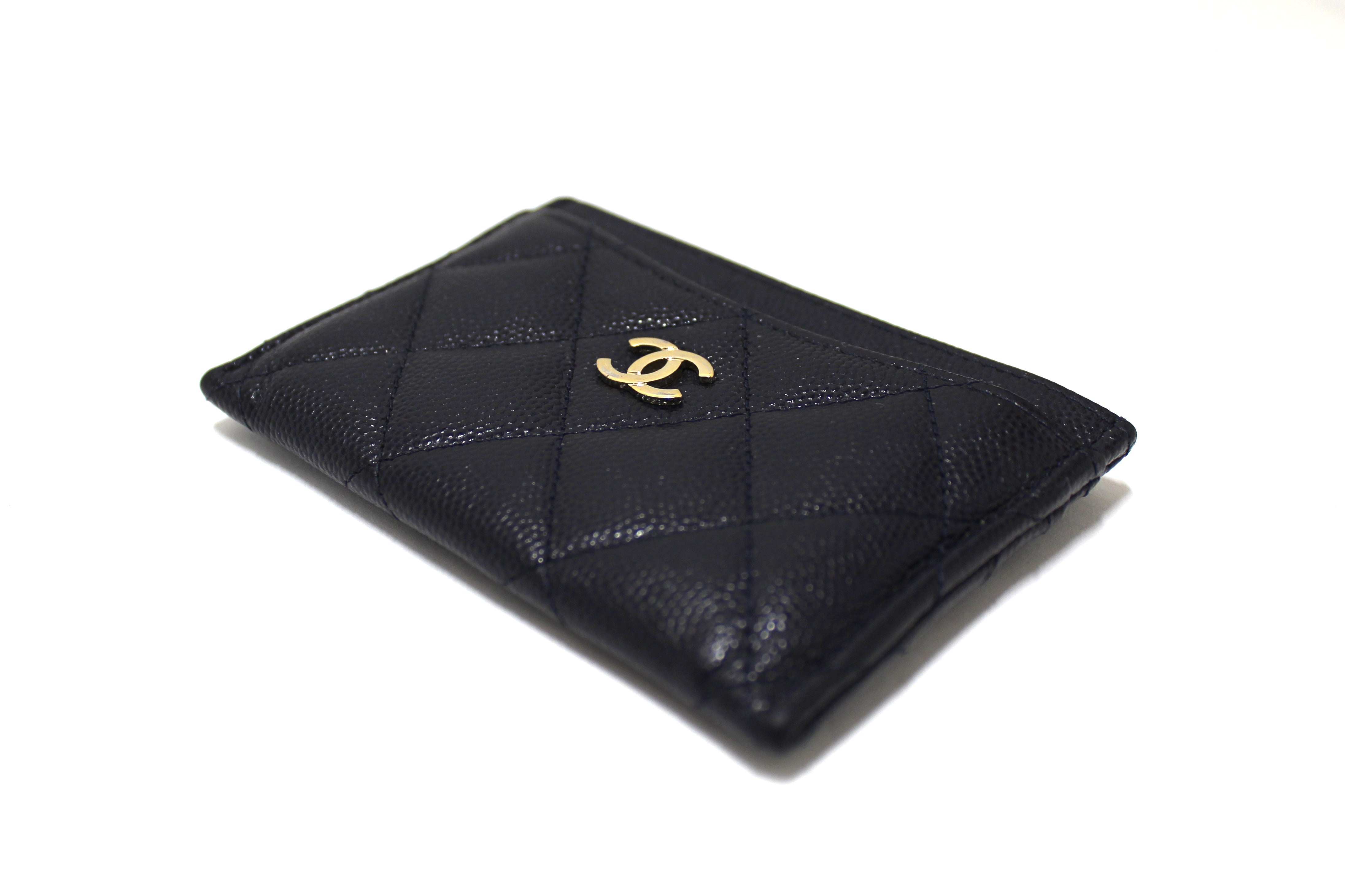 Authentic Chanel Navy Blue Quilted Caviar Leather Card Holder