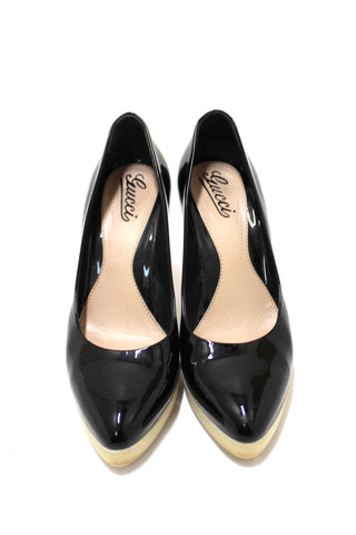 Authentic Gucci Black Patent Leather and White Rubber Pumps Heels Size 39