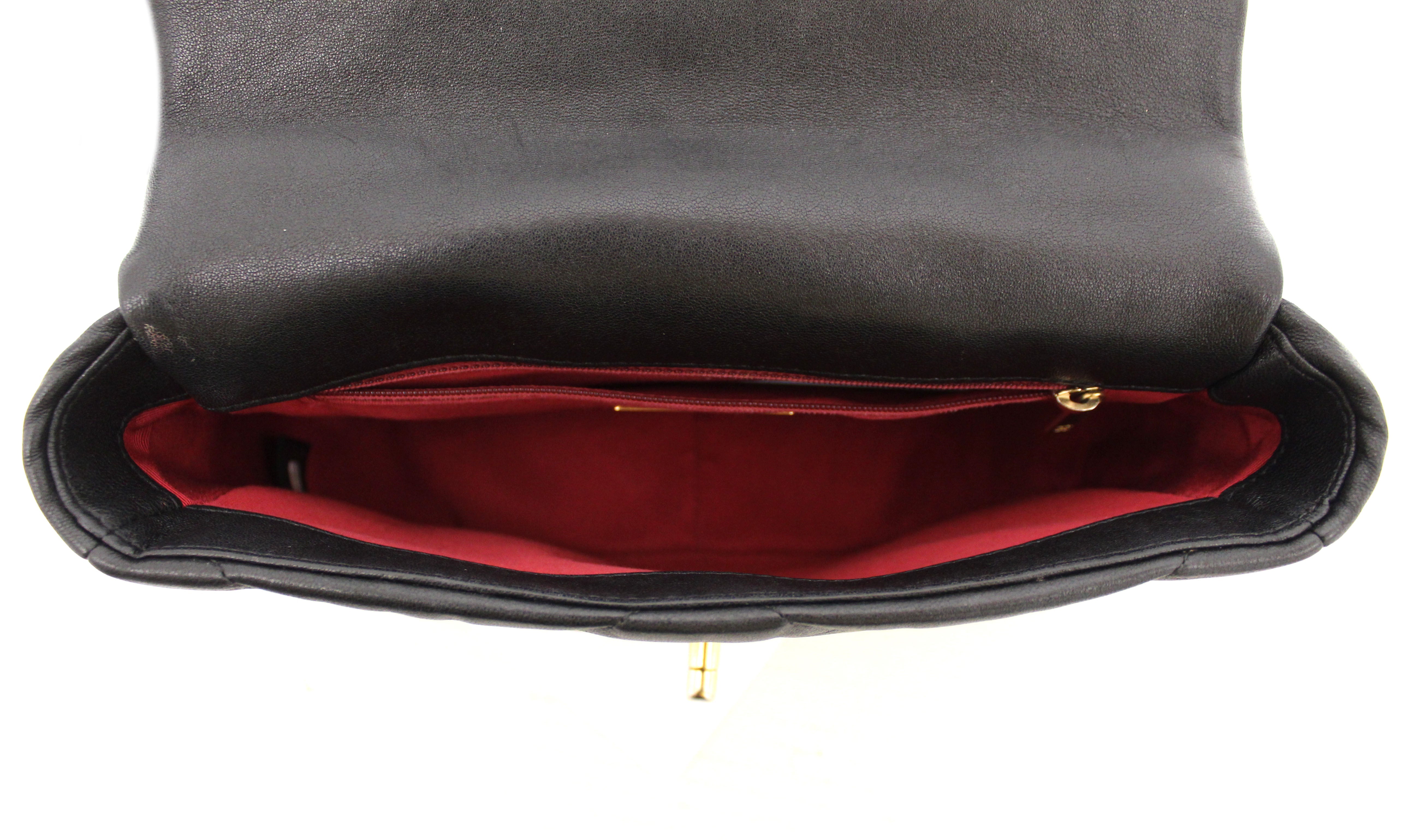 Authentic Chanel 19 Medium Black Quilted Lambskin Leather Shoulder Crossbody Bag