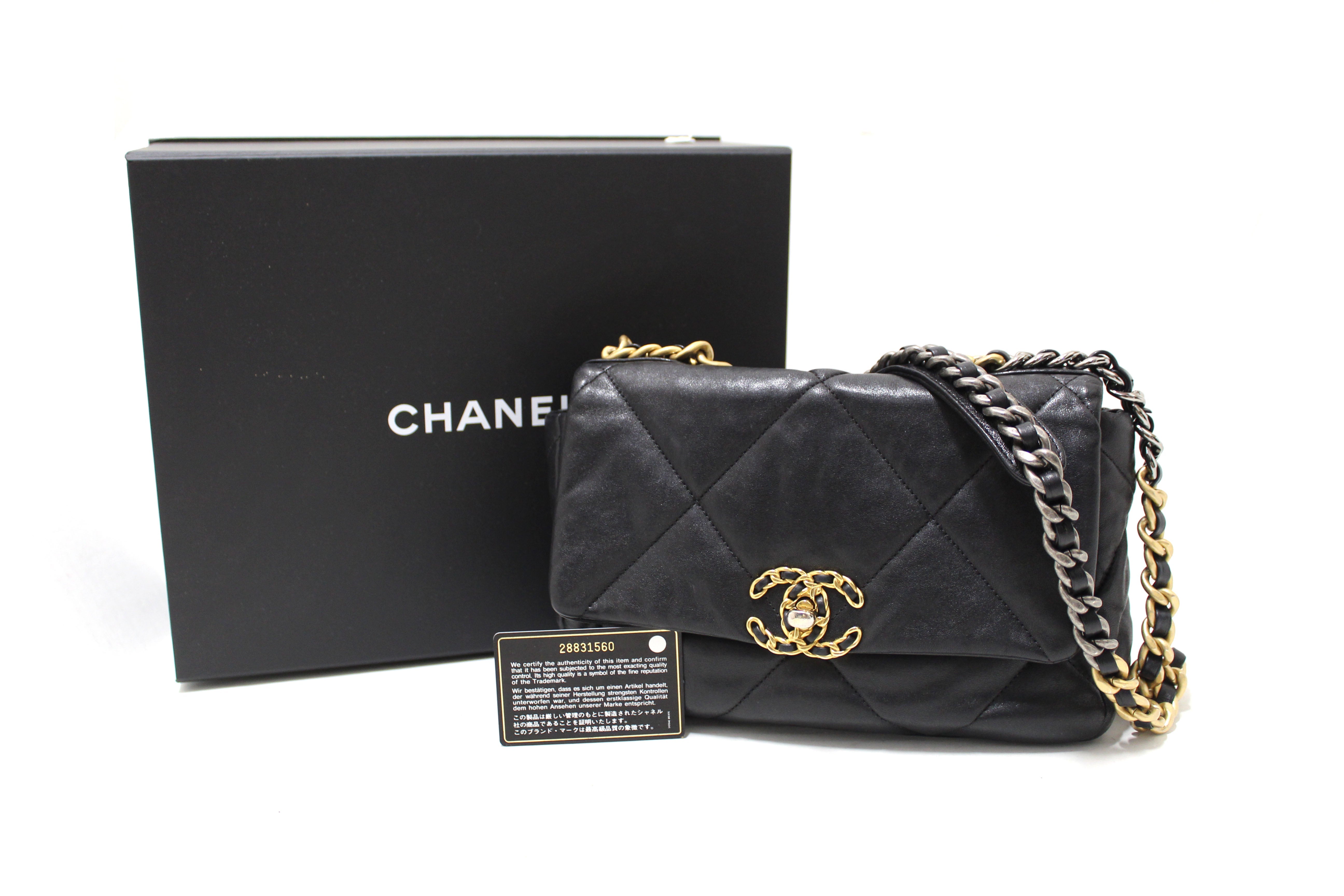 Authentic Chanel 19 Medium Black Quilted Lambskin Leather Shoulder Crossbody Bag
