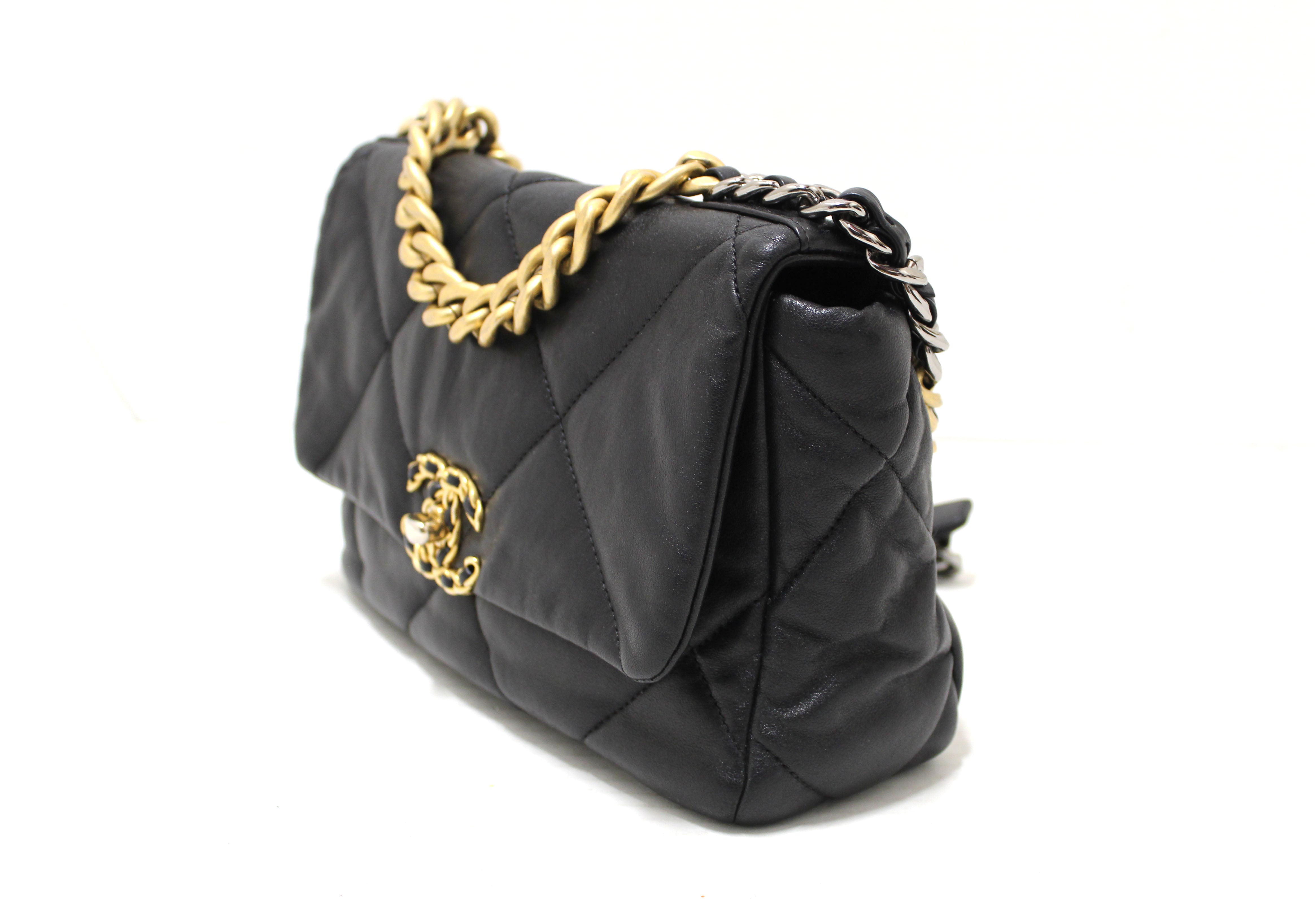 Authentic Chanel 19 Medium Black Quilted Lambskin Leather Shoulder Crossbody Bag