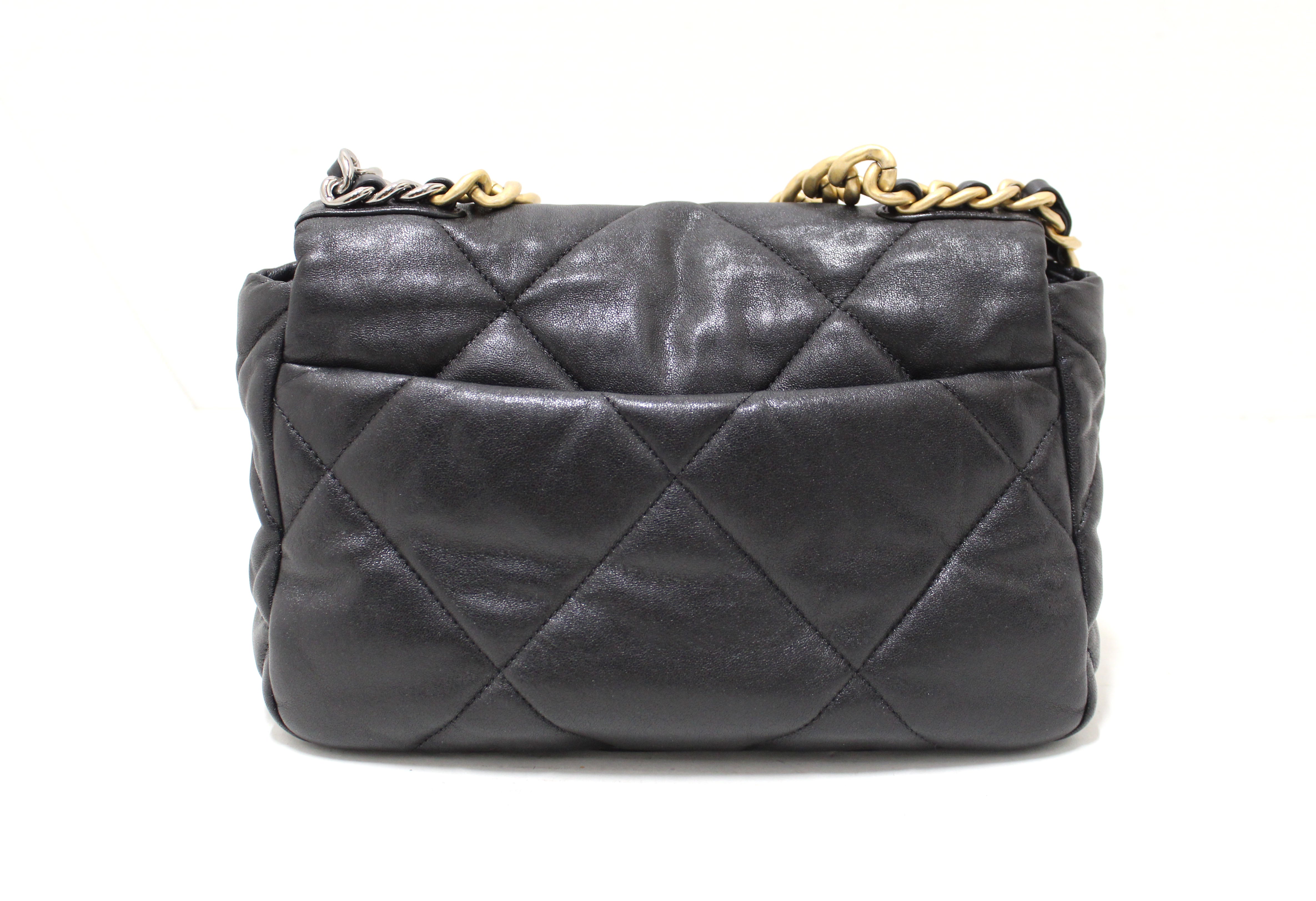 Authentic Chanel 19 Medium Black Quilted Lambskin Leather Shoulder Crossbody Bag