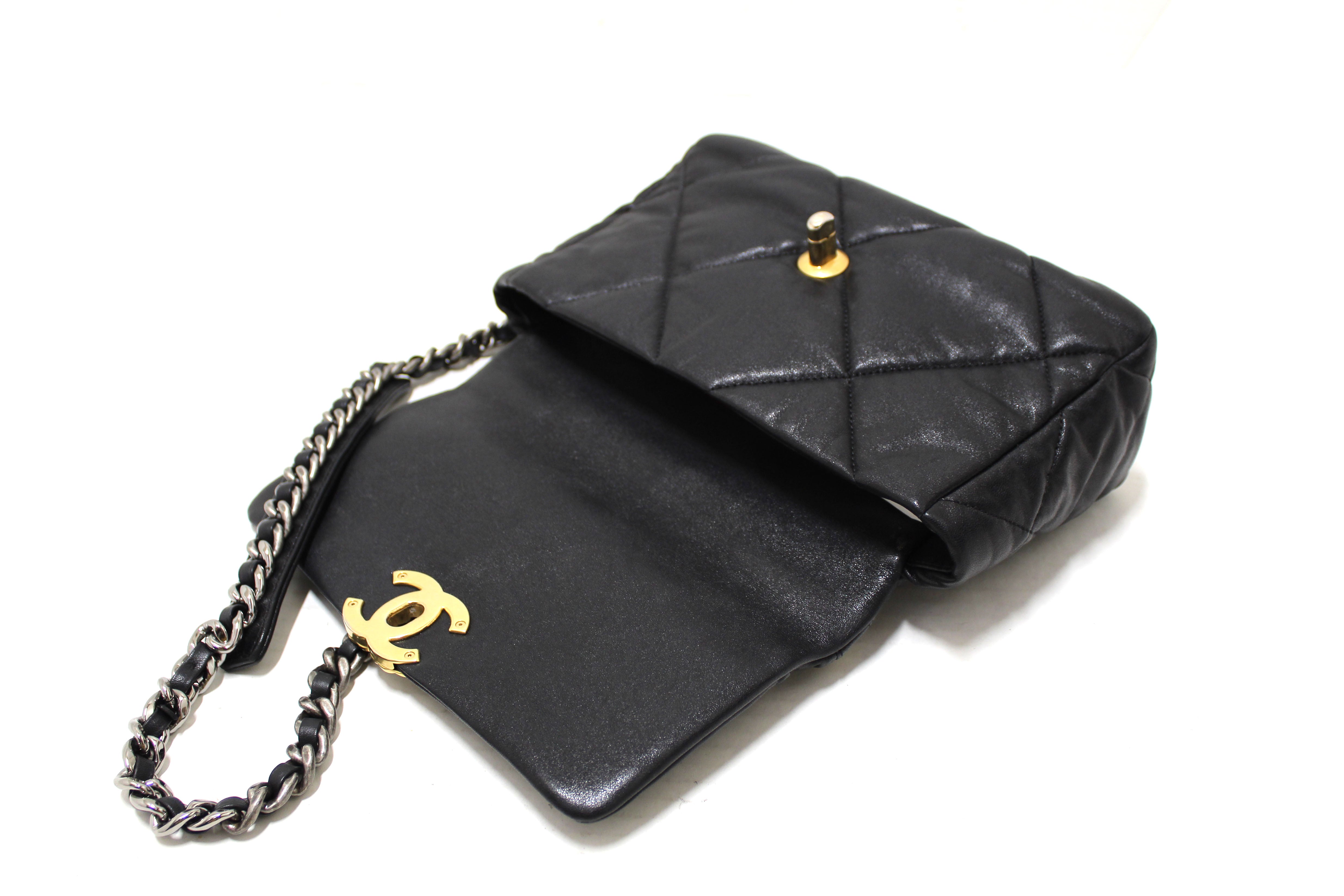 Authentic Chanel 19 Medium Black Quilted Lambskin Leather Shoulder Crossbody Bag