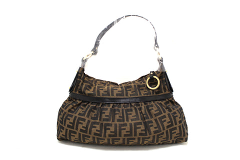 Authentic Fendi Brown Tobacco Zucca Print Canvas Hobo Bag