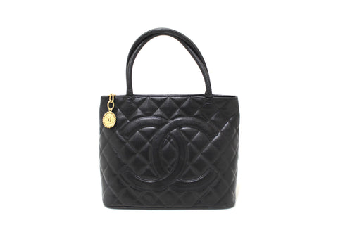 Authentic  Chanel Black Quilted Caviar Leather Medallion Tote Bag