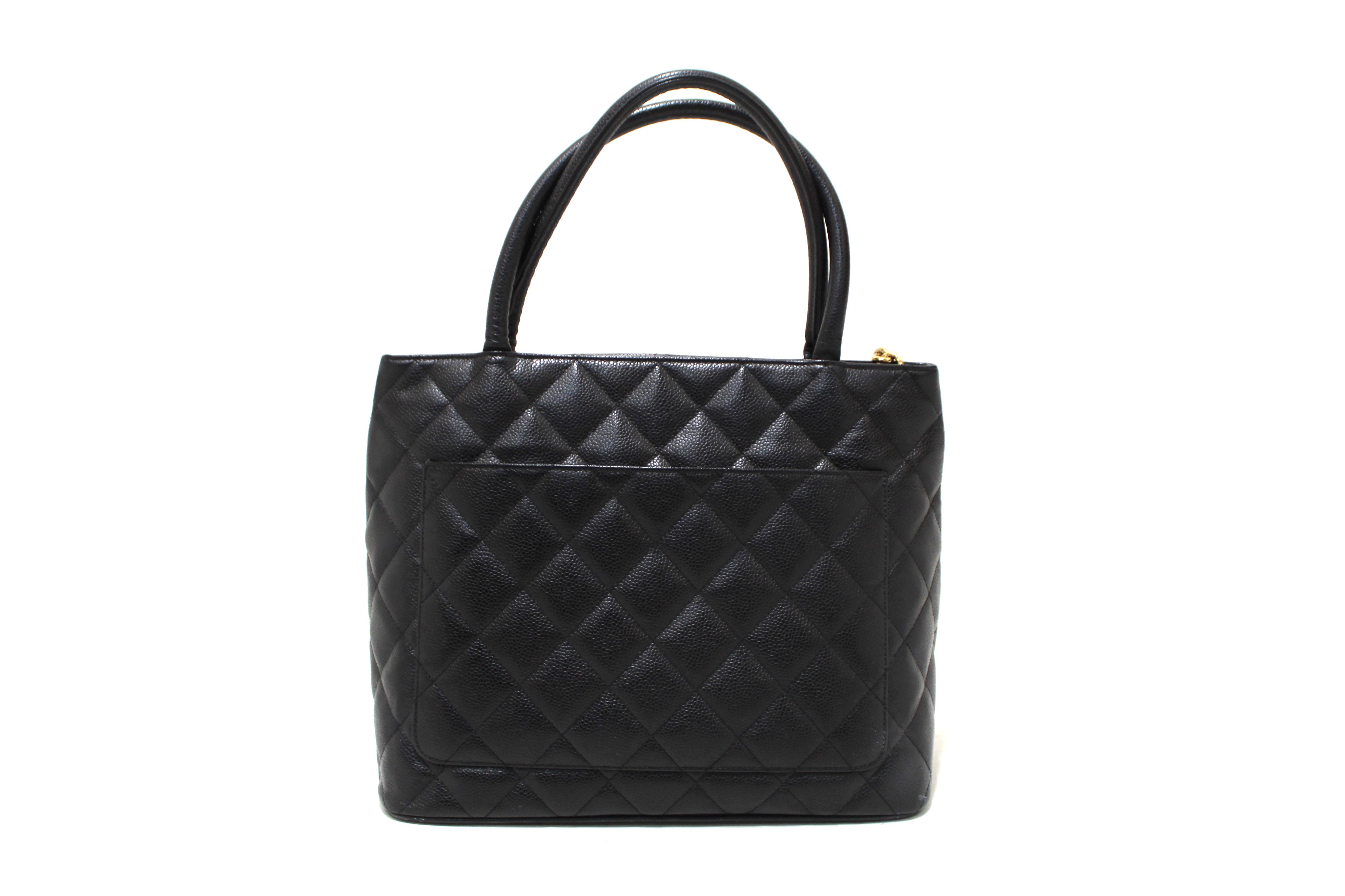 Authentic  Chanel Black Quilted Caviar Leather Medallion Tote Bag