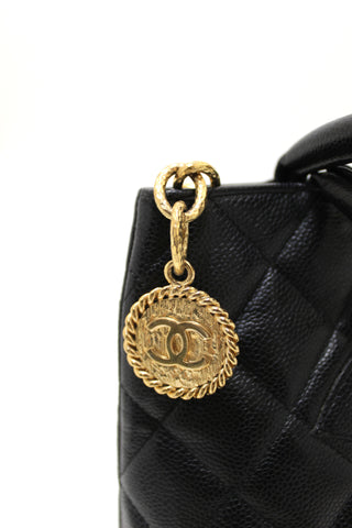 Authentic  Chanel Black Quilted Caviar Leather Medallion Tote Bag