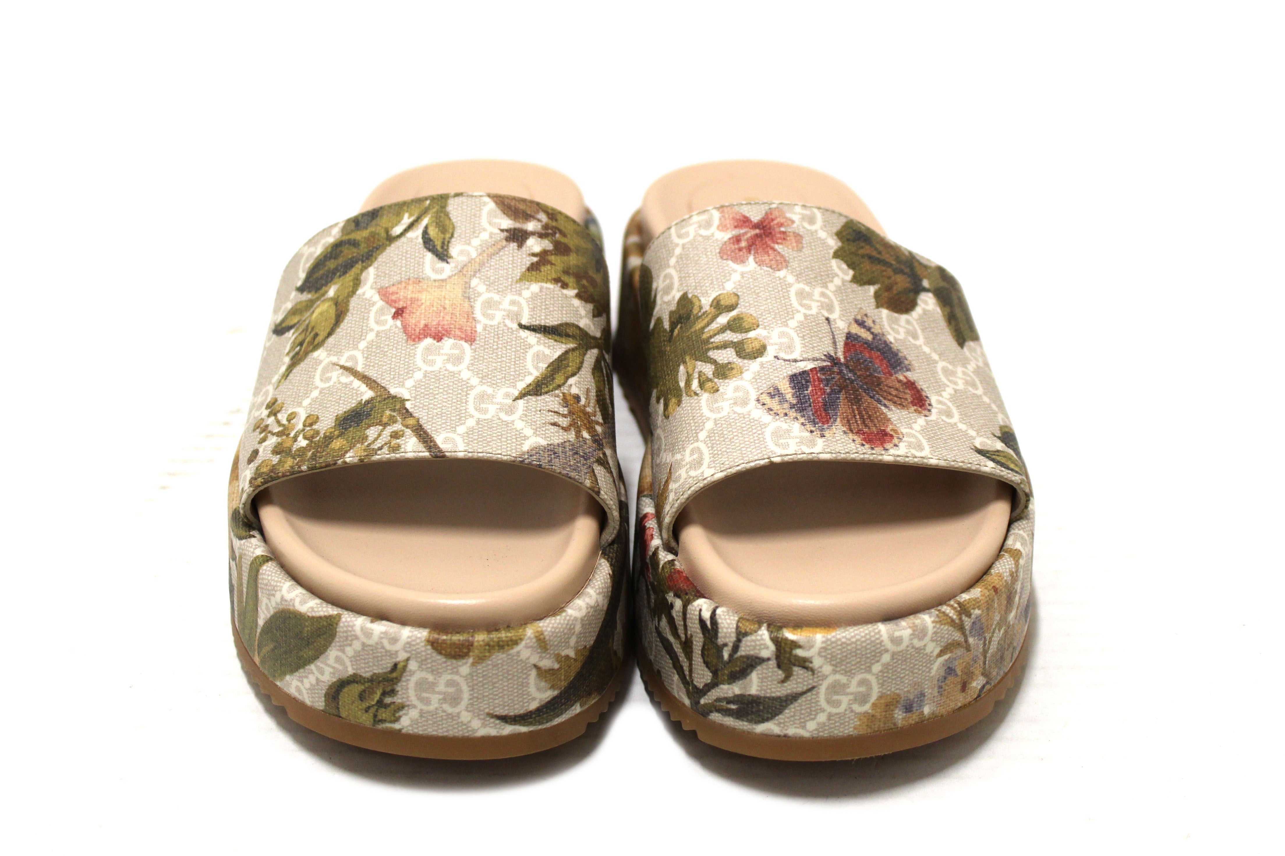 Authentic Gucci GG Supreme Flora Platform Slide Sandals 41