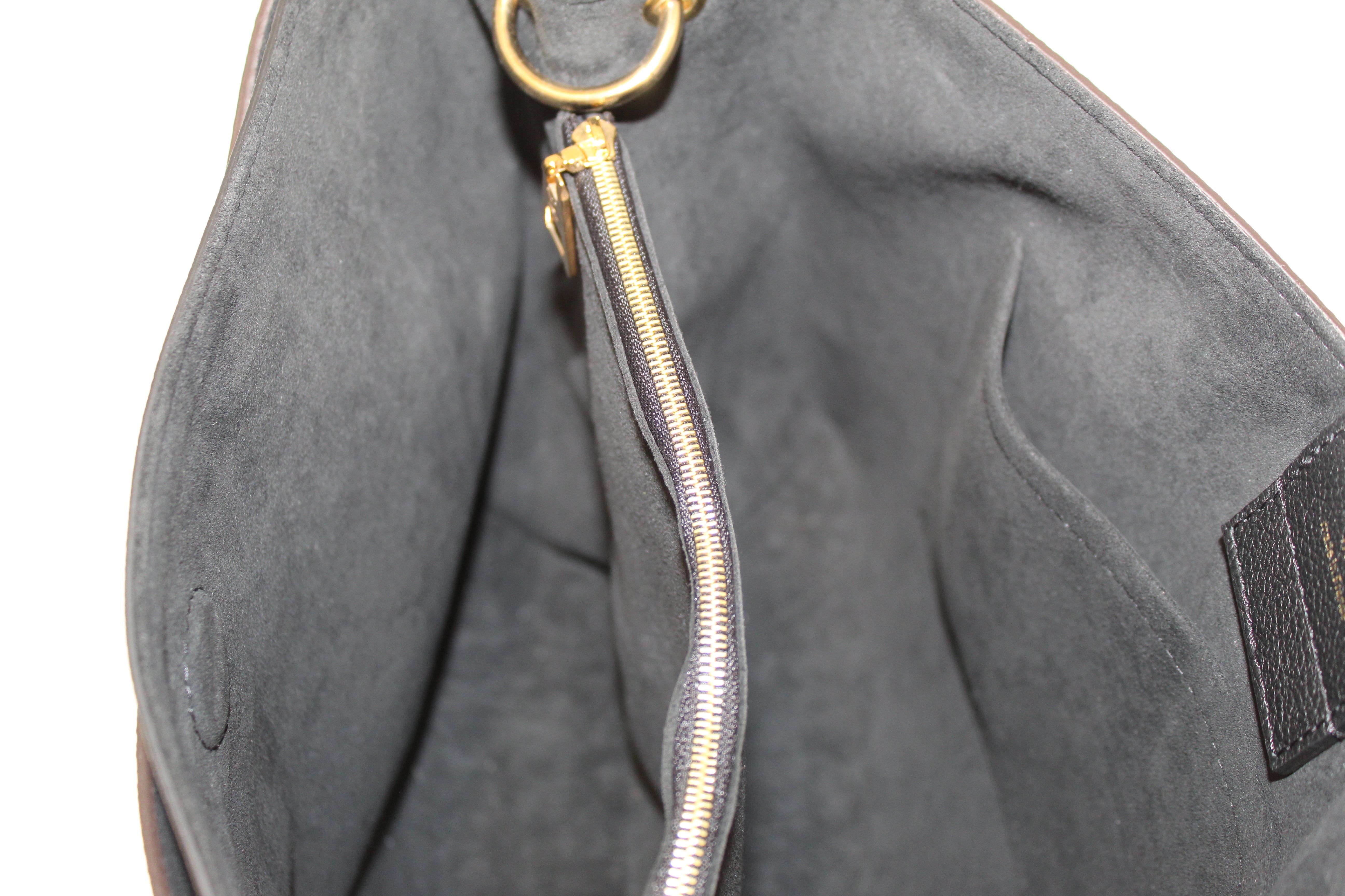 Authentic Louis Vuitton Damier Ebene Canvas With Black Leather Riverside Bag