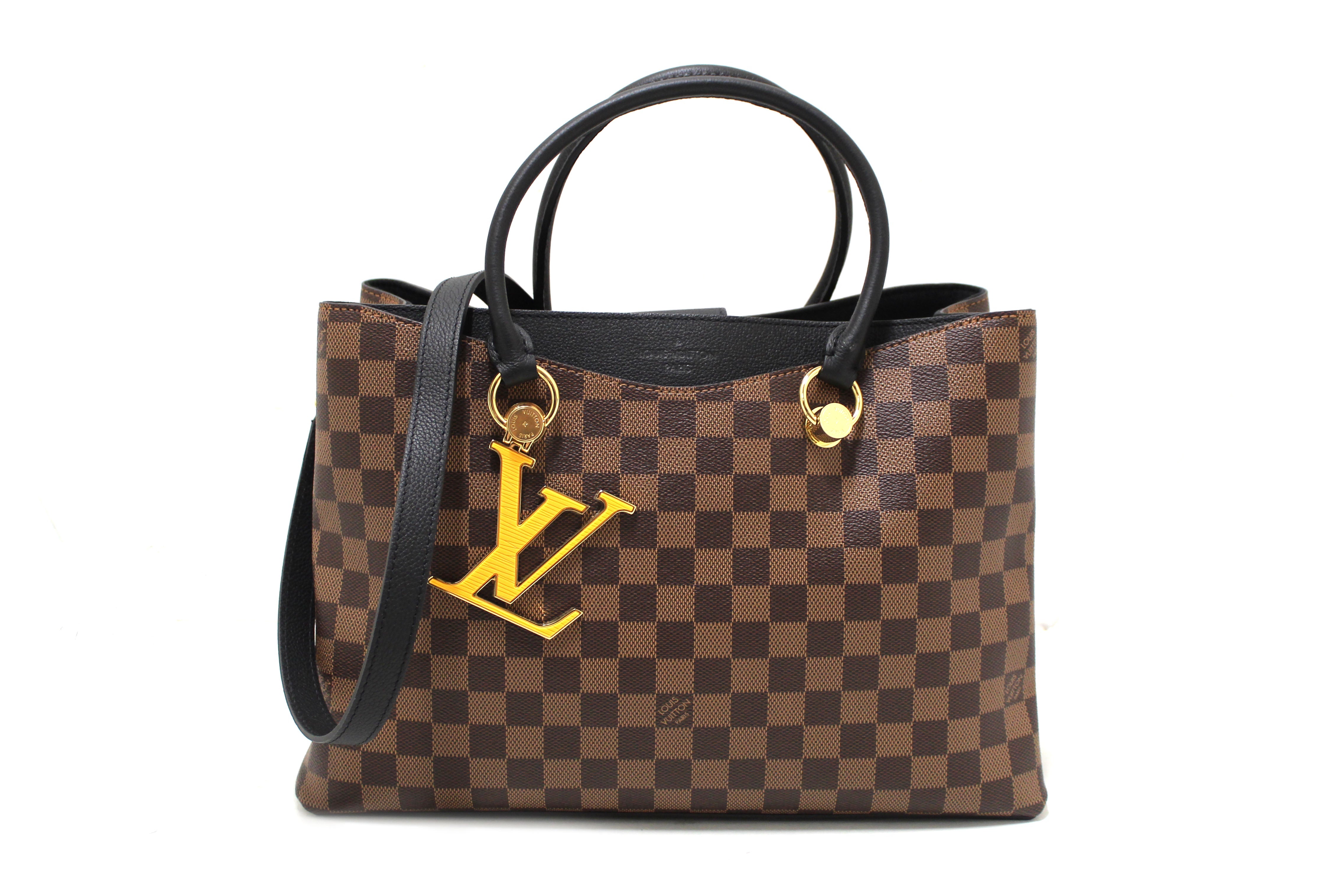 Authentic Louis Vuitton Damier Ebene Canvas With Black Leather Riverside Bag