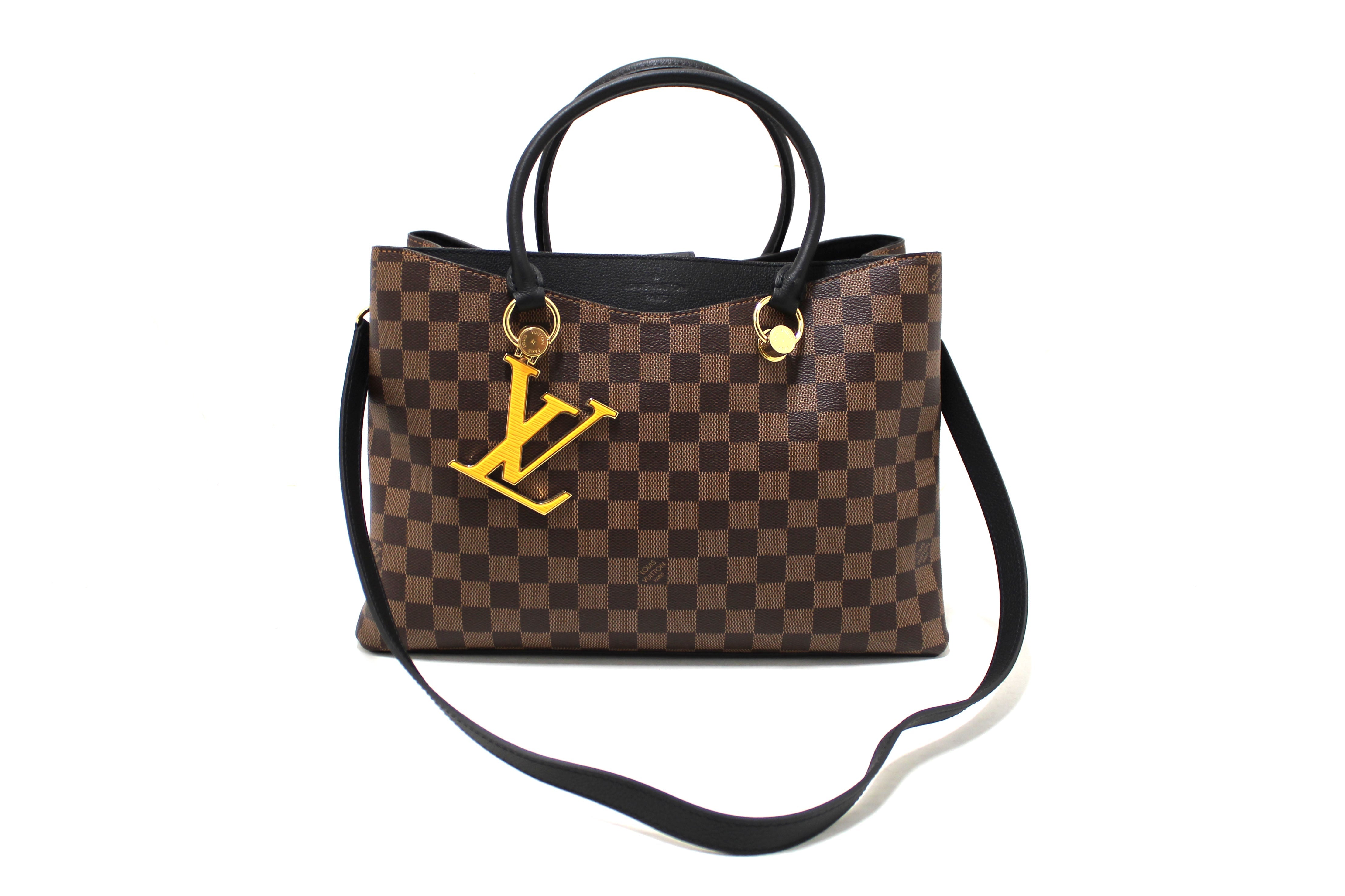 Authentic Louis Vuitton Damier Ebene Canvas With Black Leather Riverside Bag