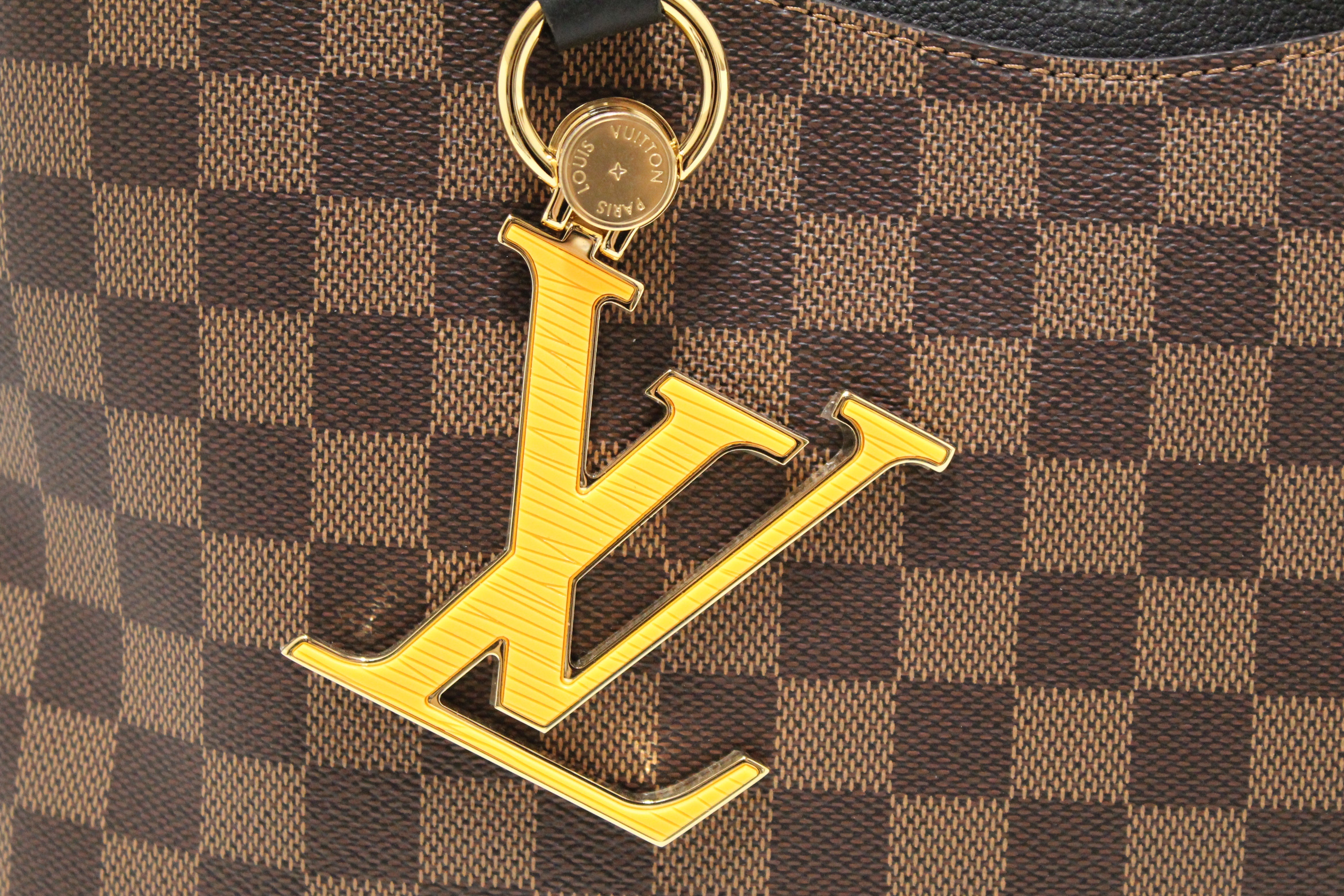 Authentic Louis Vuitton Damier Ebene Canvas With Black Leather Riverside Bag