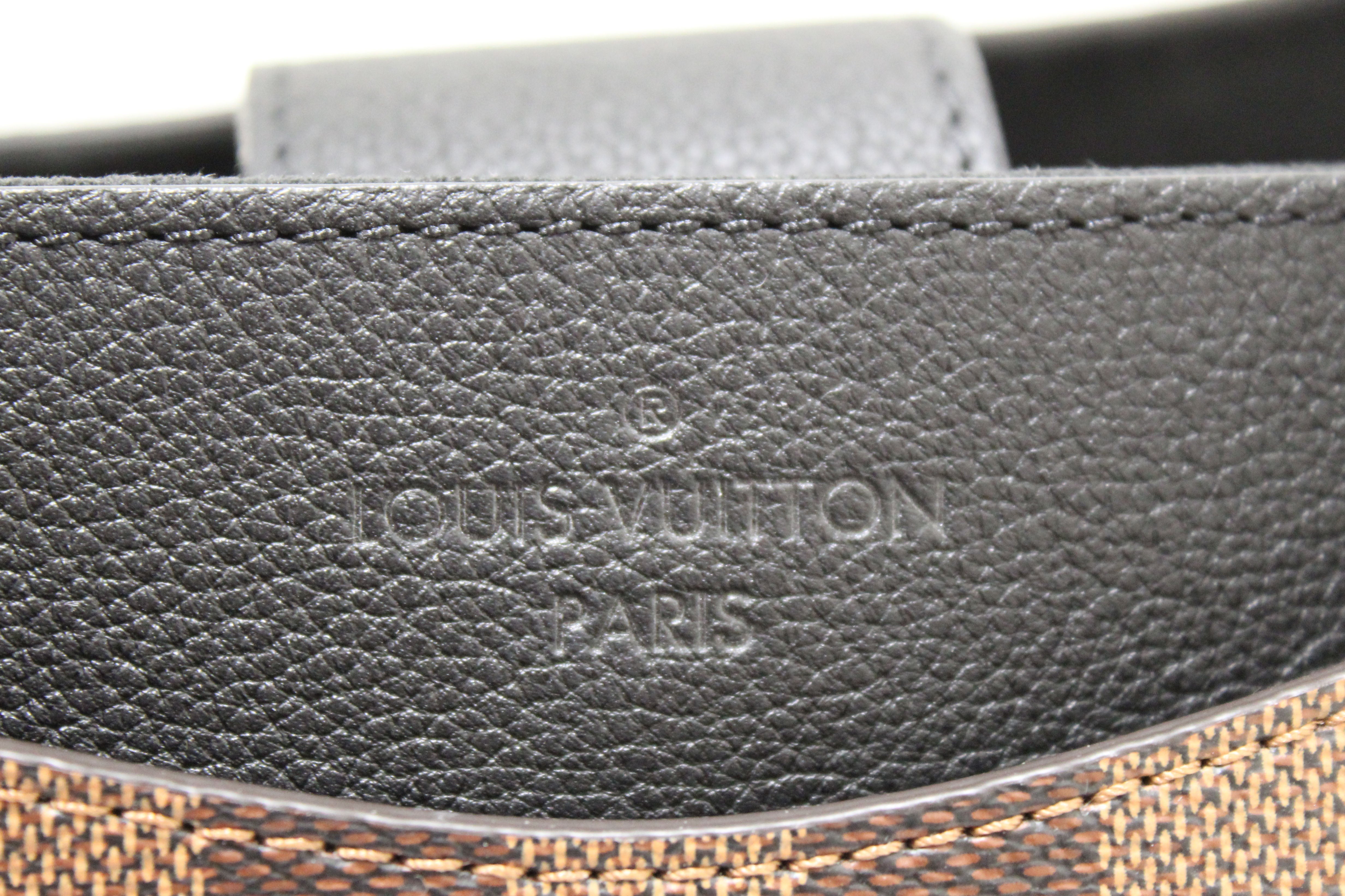 Authentic Louis Vuitton Damier Ebene Canvas With Black Leather Riverside Bag