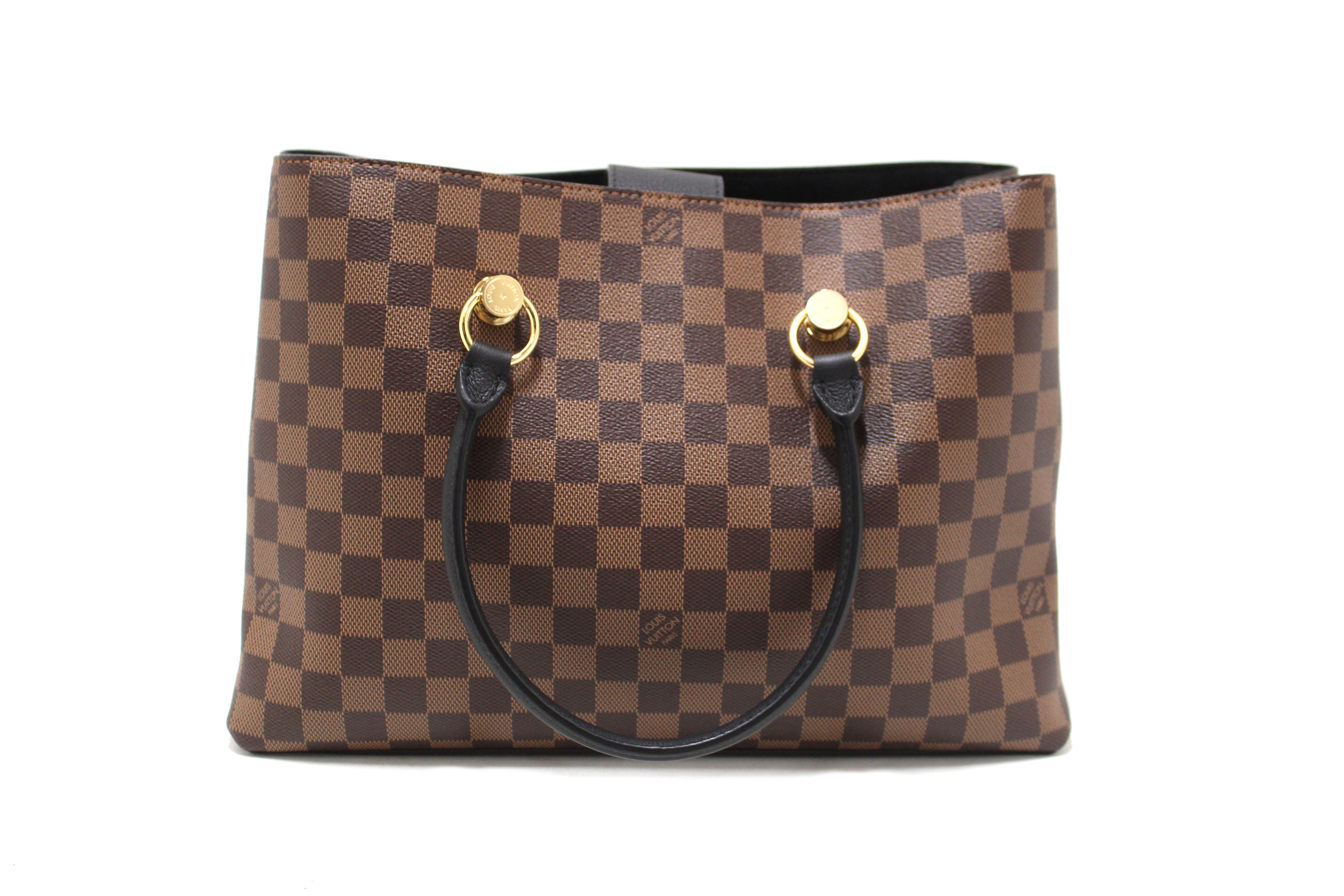 Authentic Louis Vuitton Damier Ebene Canvas With Black Leather Riverside Bag