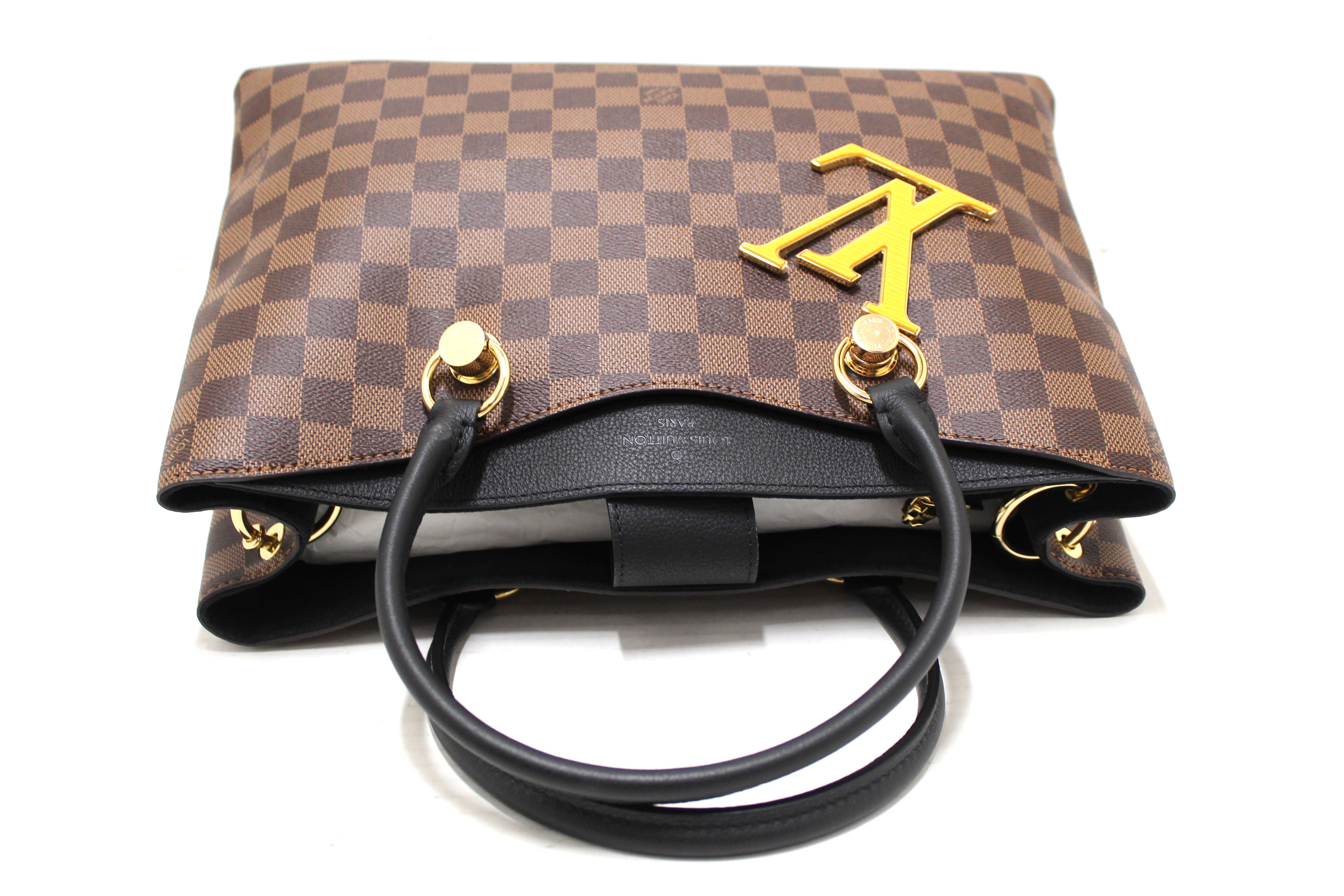 Authentic Louis Vuitton Damier Ebene Canvas With Black Leather Riverside Bag