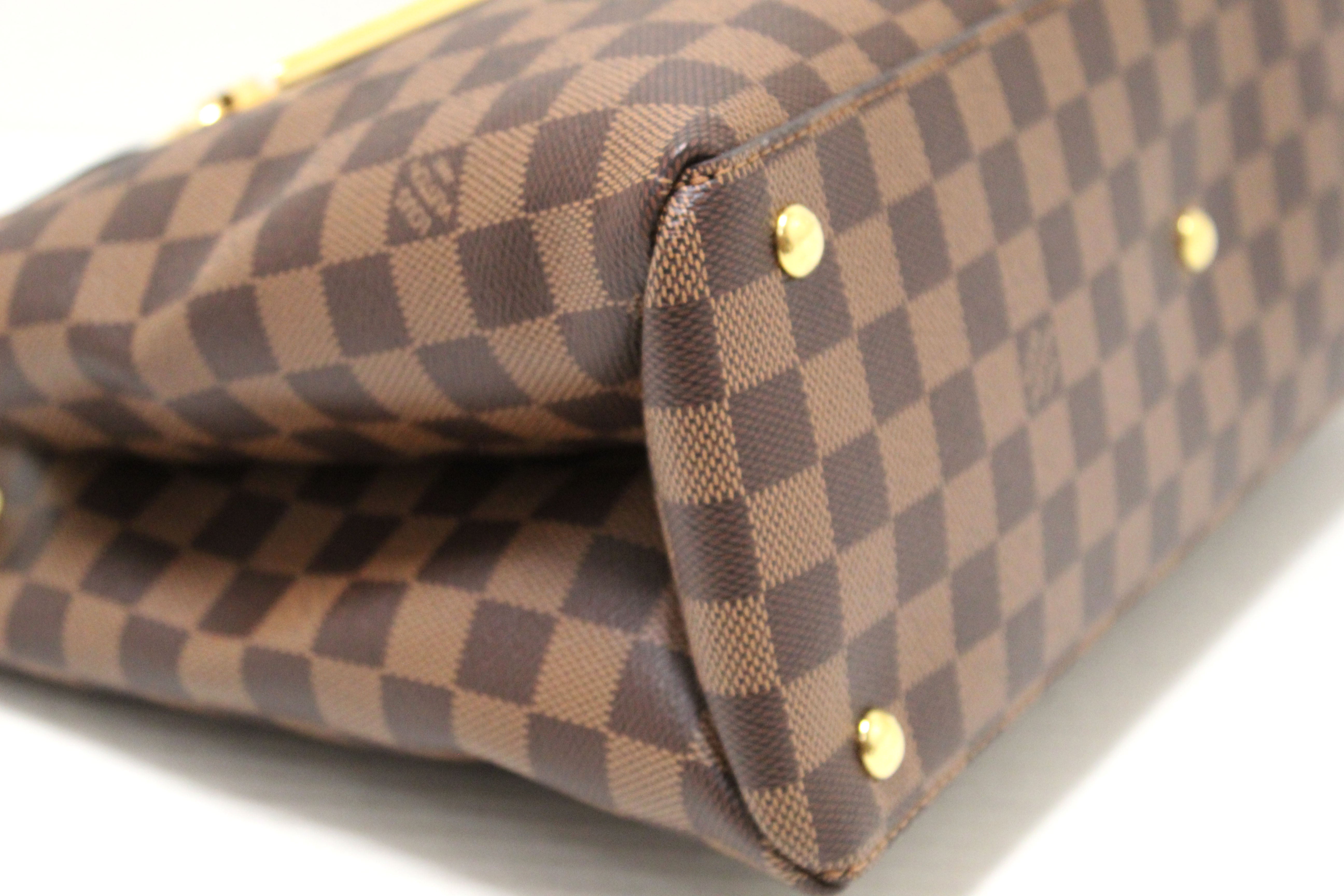 Authentic Louis Vuitton Damier Ebene Canvas With Black Leather Riverside Bag