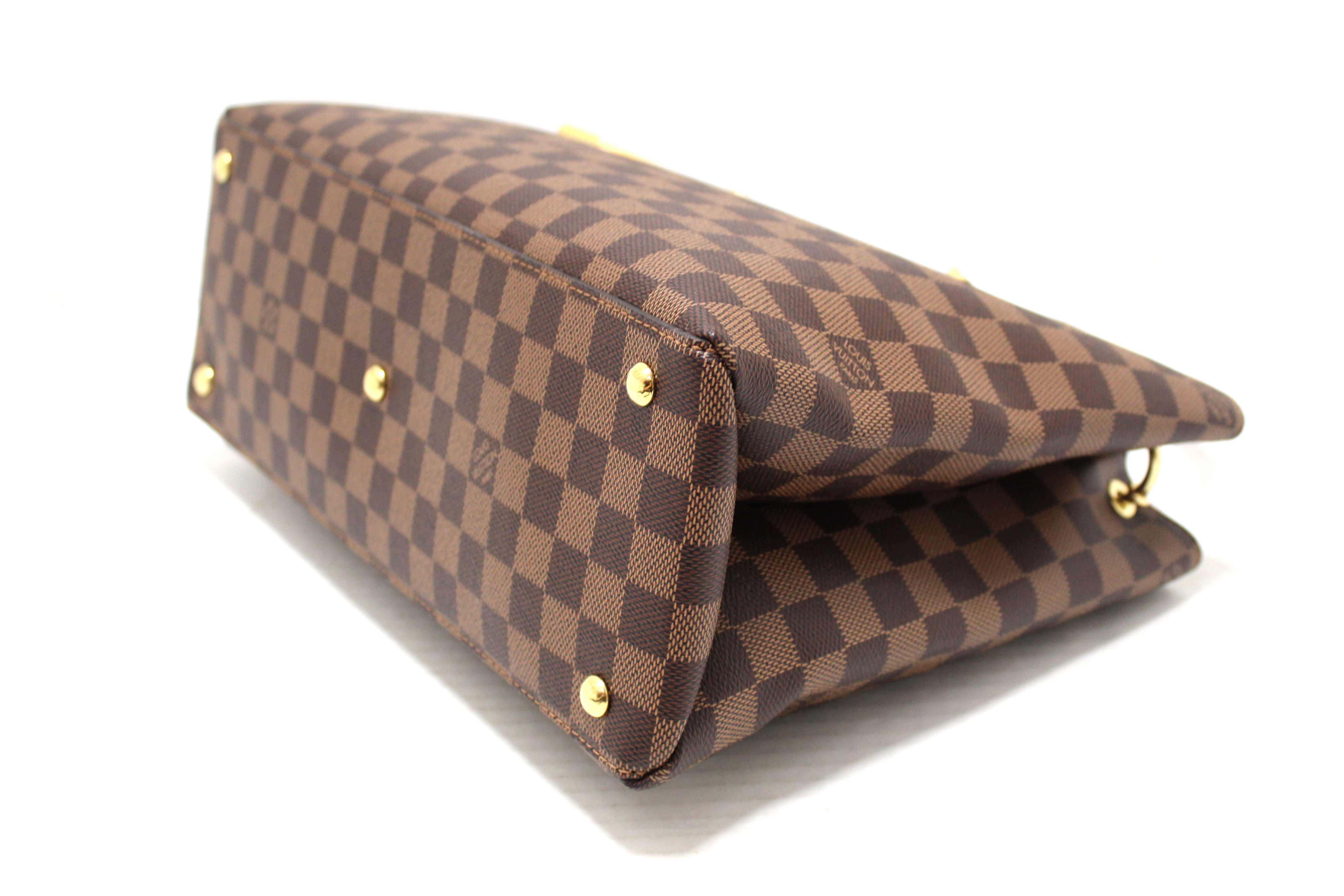 Authentic Louis Vuitton Damier Ebene Canvas With Black Leather Riverside Bag