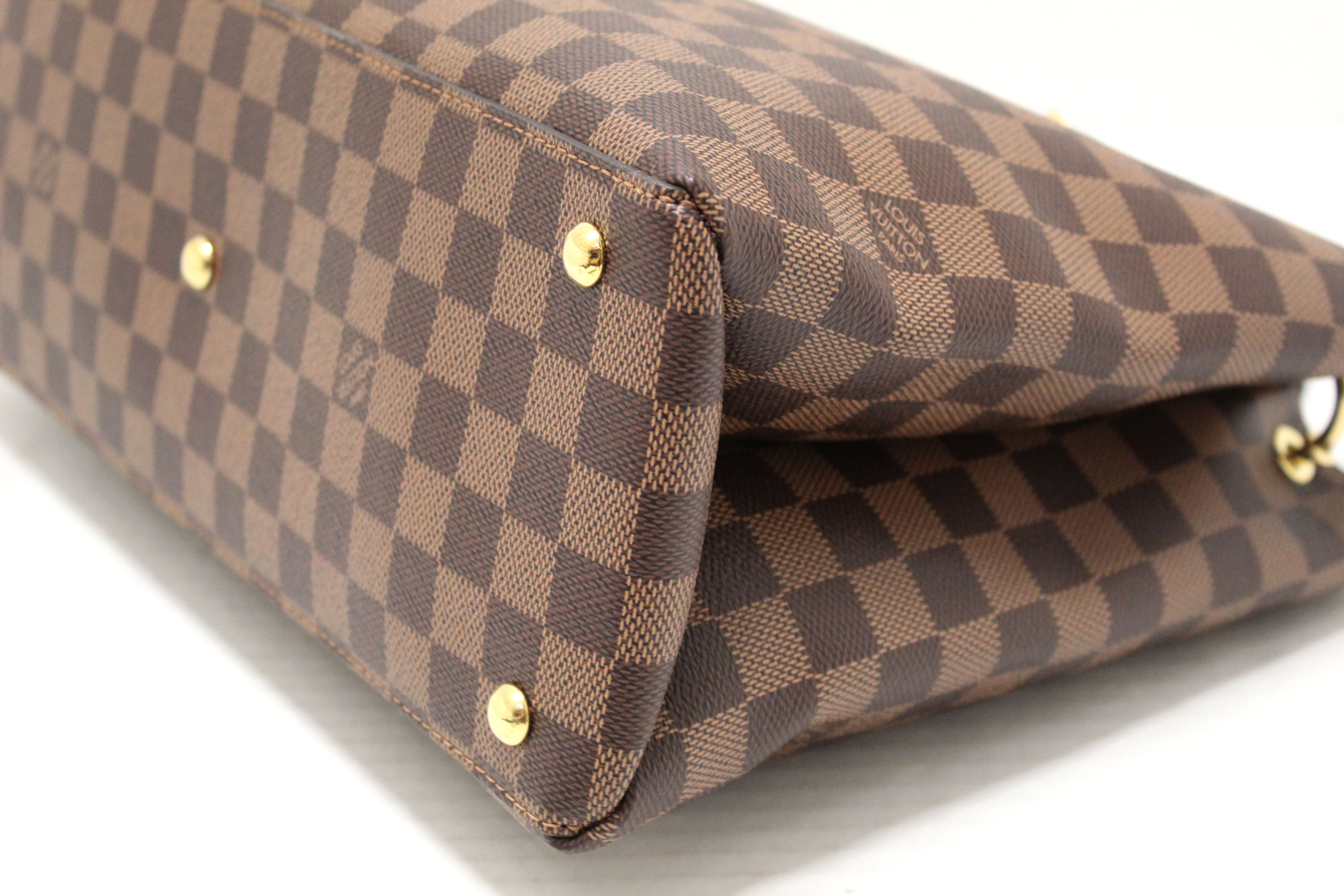 Authentic Louis Vuitton Damier Ebene Canvas With Black Leather Riverside Bag
